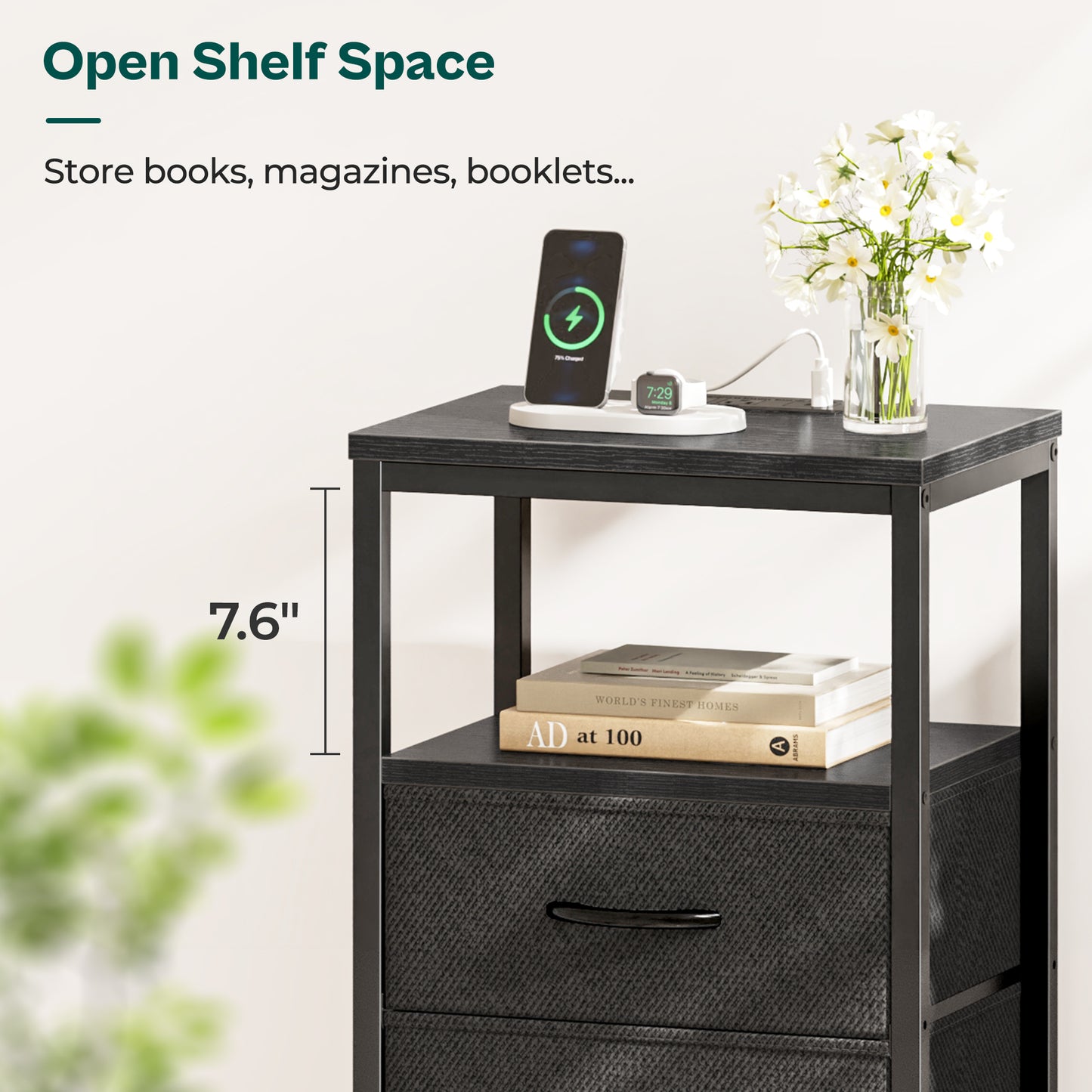 Huuger Nightstands Set of 2, End Tables with Charging Station, Side Tables with Fabric Drawers, Bedside Tables with USB Ports and Outlets, Night Stands for Bedroom, Black