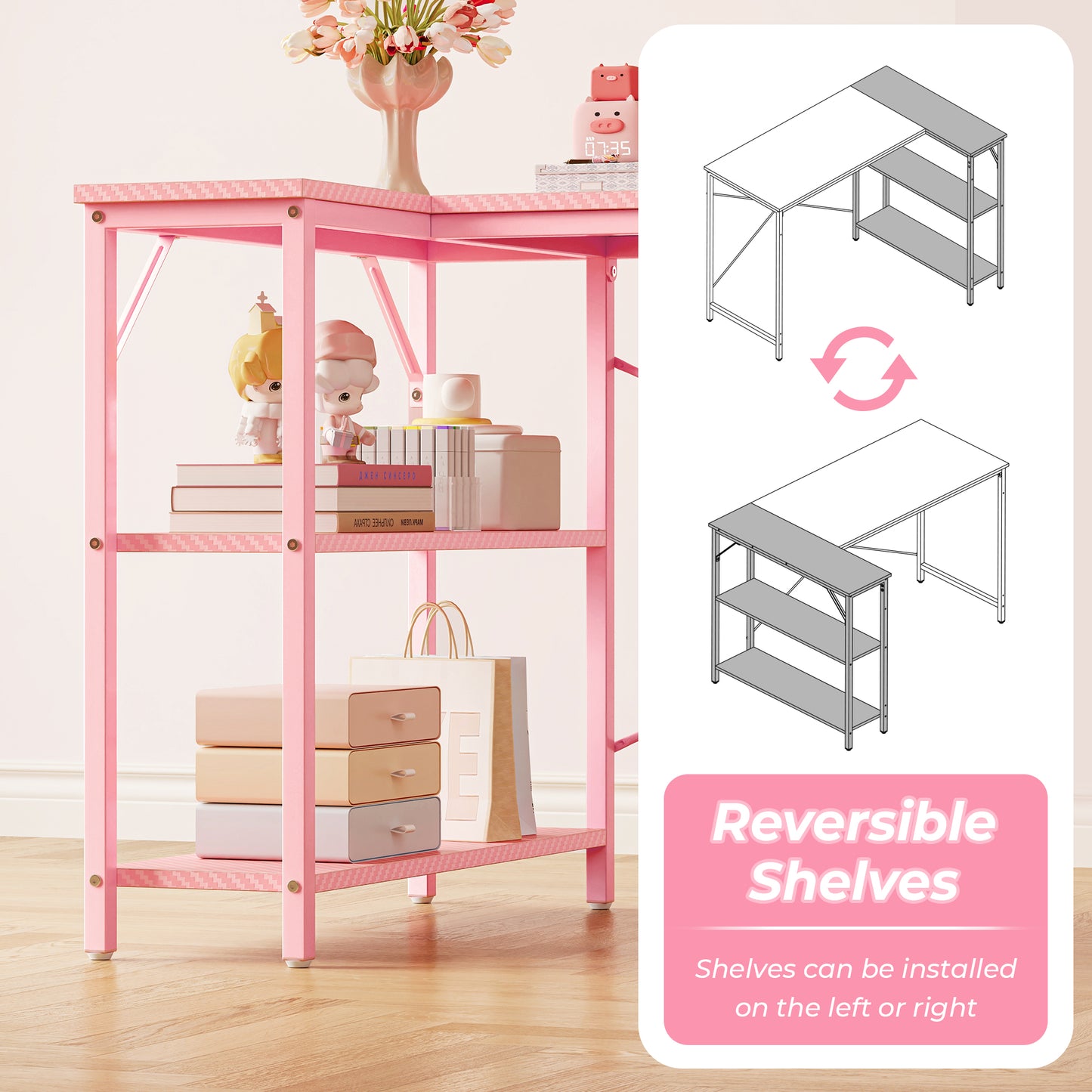 L Shaped Computer Desk with Reversible Storage Shelves, Gaming Corner Desk for Home Office, Writing Study Desk with Metal Frame, Pink