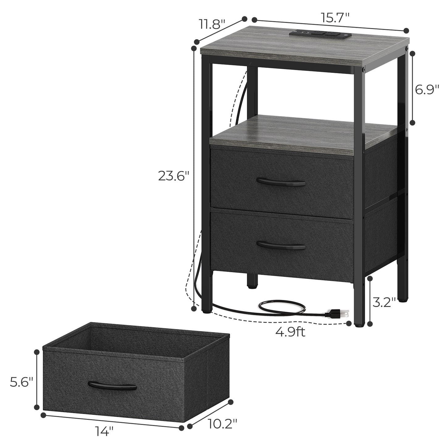 Huuger Nightstand with Charging Station, Side Table with Fabric Drawers, Open Shelf, Bedside Table with USB Ports and Outlets, Charcoal Gray