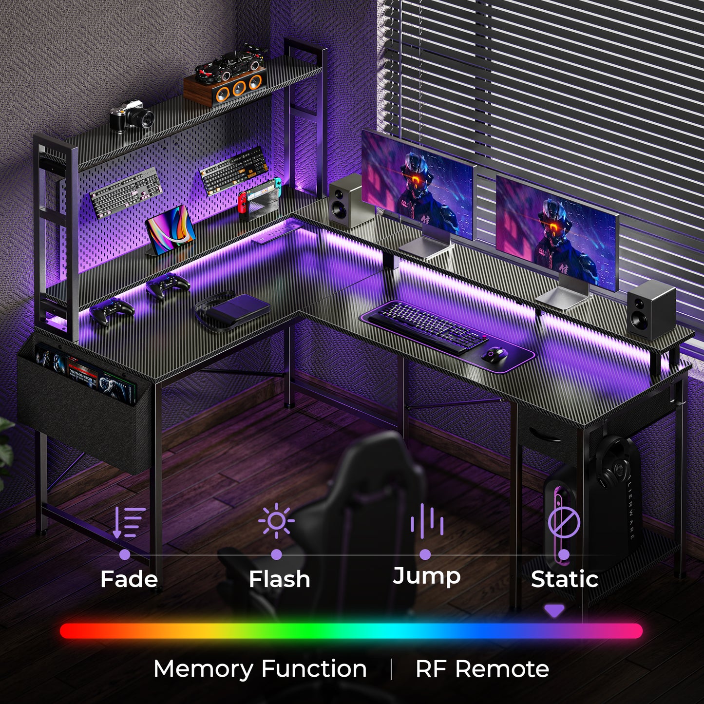 Huuger L Shaped Desk Gaming Desk with LED Lights & Power Outlets, Computer Desk with Storage Shelves, Carbon Fiber Black