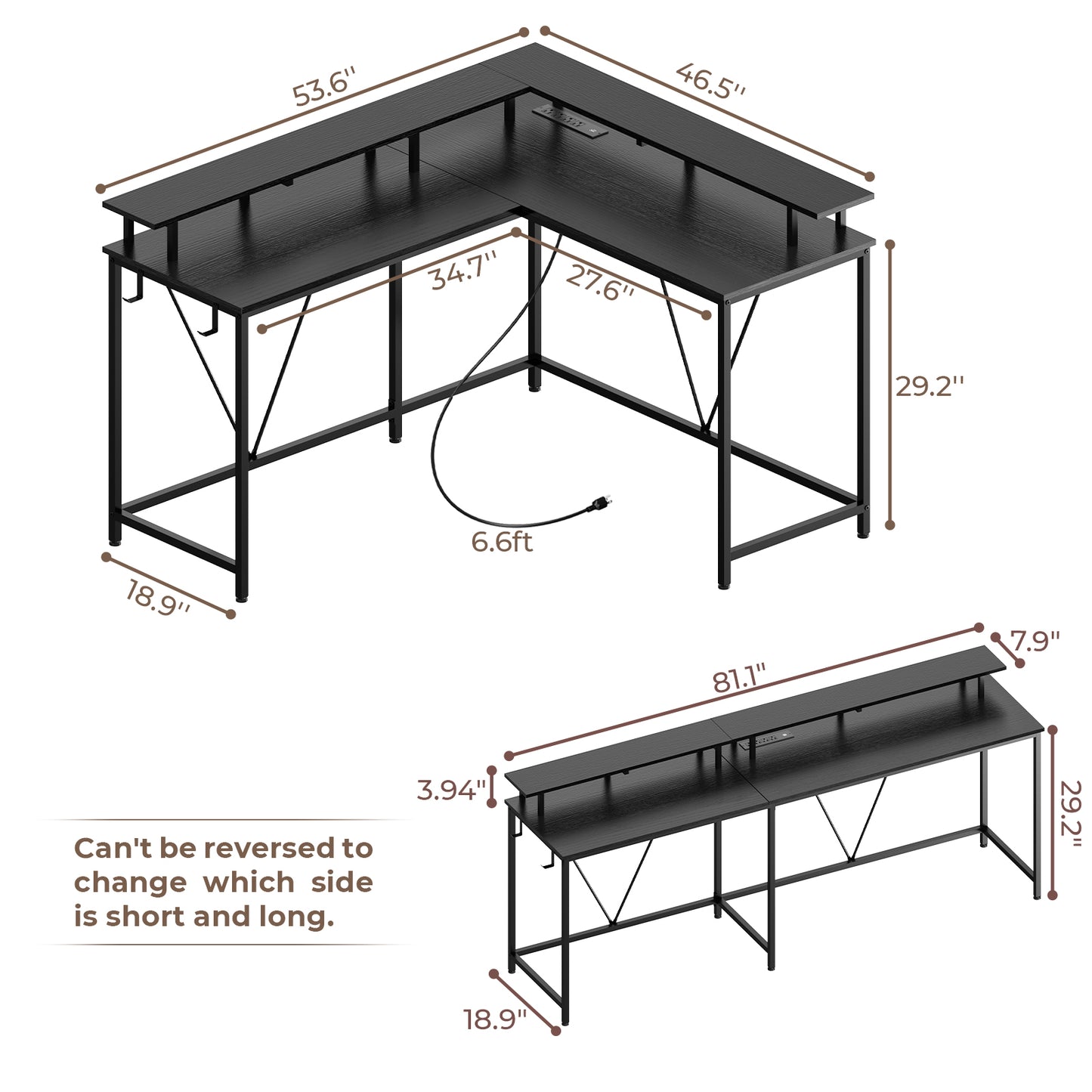 Huuger L Shaped Gaming Desk with LED Lights & Power Outlets, Monitor Stand & Hooks, Home Office Desk, Corner Gaming Desk, Black