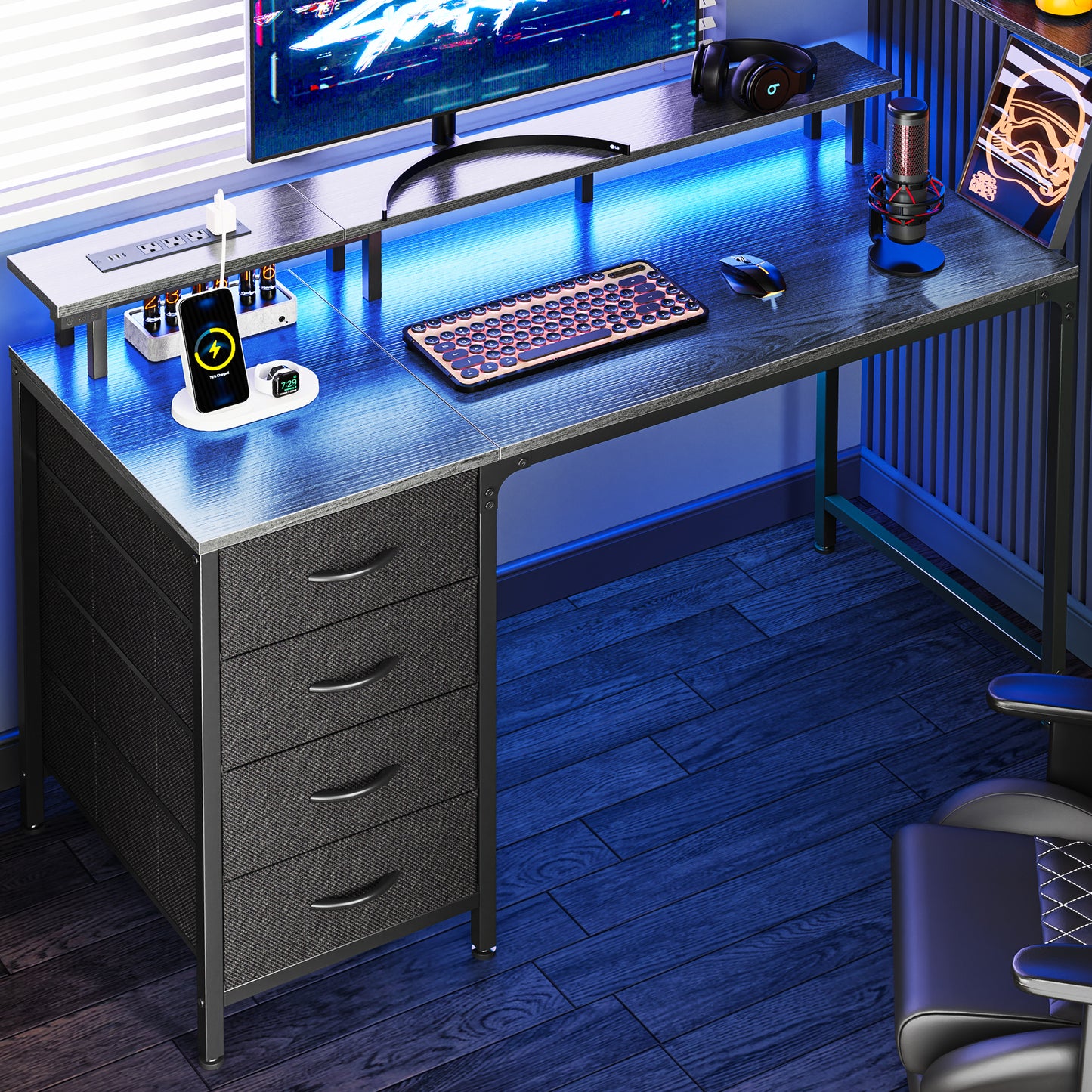Huuger 47 Inch Computer Desk with Power Outlets and LED Lights, Gaming Desk with 4 Drawers, Office Desk with Monitor Stand, Study Desk Work Desk for Home Office, Small Spaces, Grey