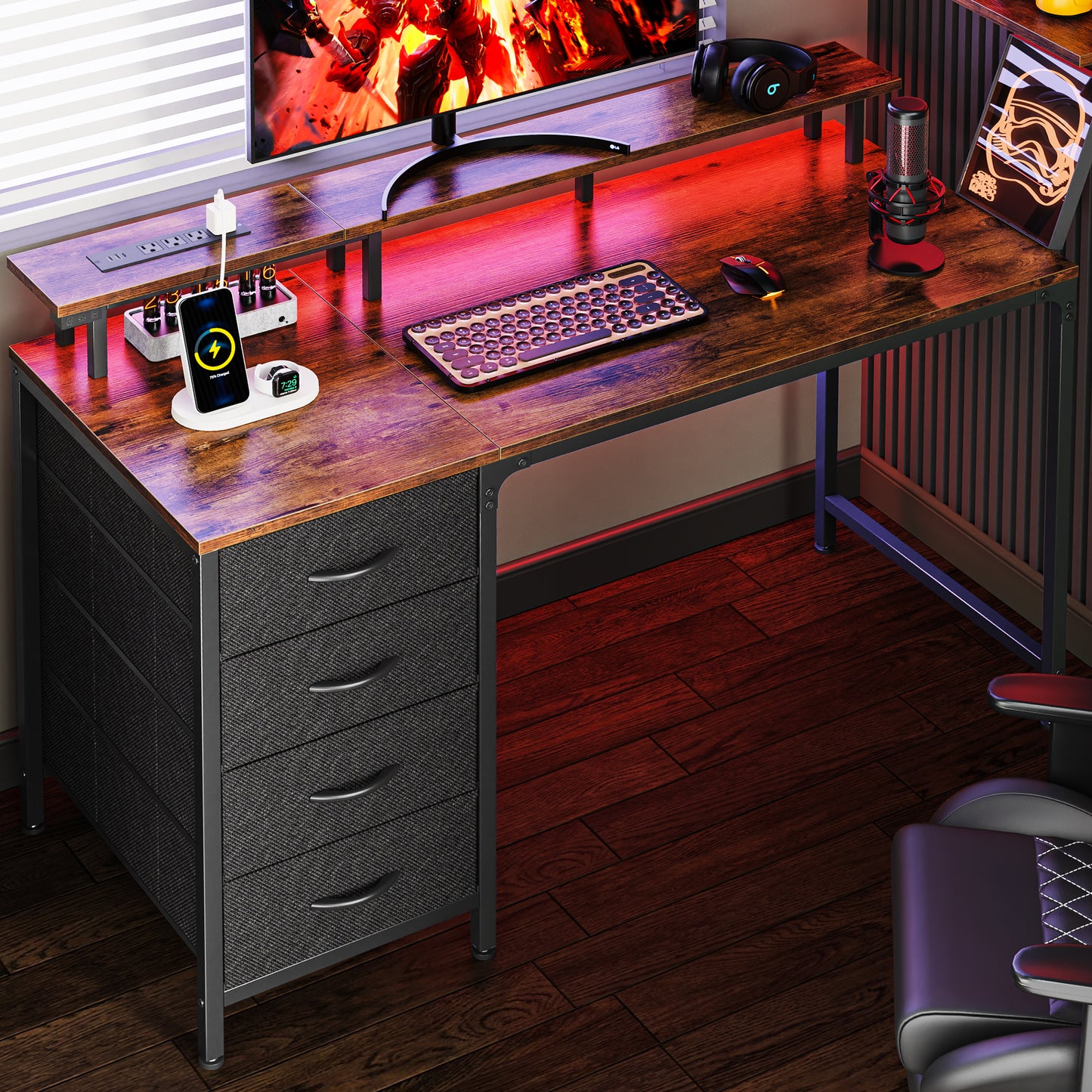 Huuger 47 Inch Computer Desk with Power Outlets and LED Lights, Gaming Desk with 4 Drawers, Office Desk with Monitor Stand, Study Desk Work Desk for Home Office, Small Spaces, Rustic Brown