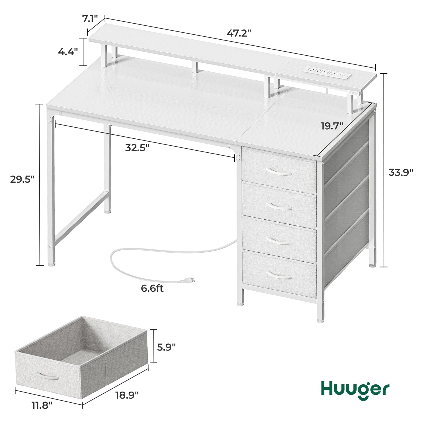 Huuger 47 Inch Computer Desk with Power Outlets and LED Lights, Gaming Desk with 4 Drawers, Office Desk with Monitor Stand, Study Desk Work Desk for Home Office, Small Spaces, White