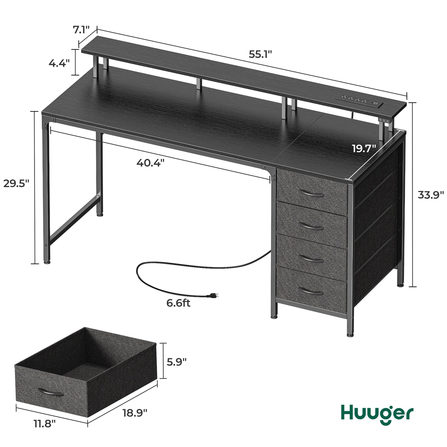 Huuger 55 Inch Computer Desk with Power Outlets and LED Lights, Gaming Desk with 4 Drawers, Office Desk with Monitor Stand, Study Desk Work Desk for Home Office, Black