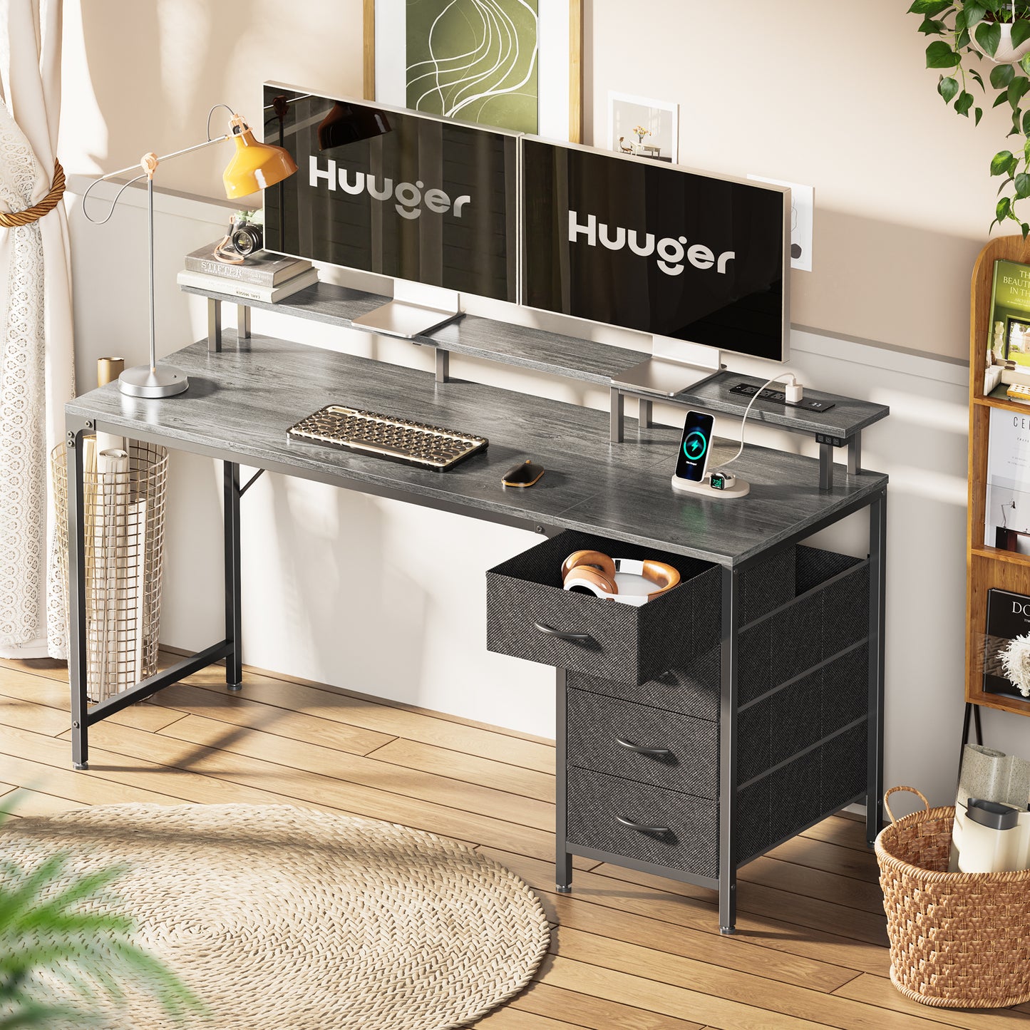 55 Inch Computer Desk with Power Outlets and LED Lights, Gaming Desk with 4 Drawers, Office Desk with Monitor Stand, Study Desk Work Desk for Home Office, Gray