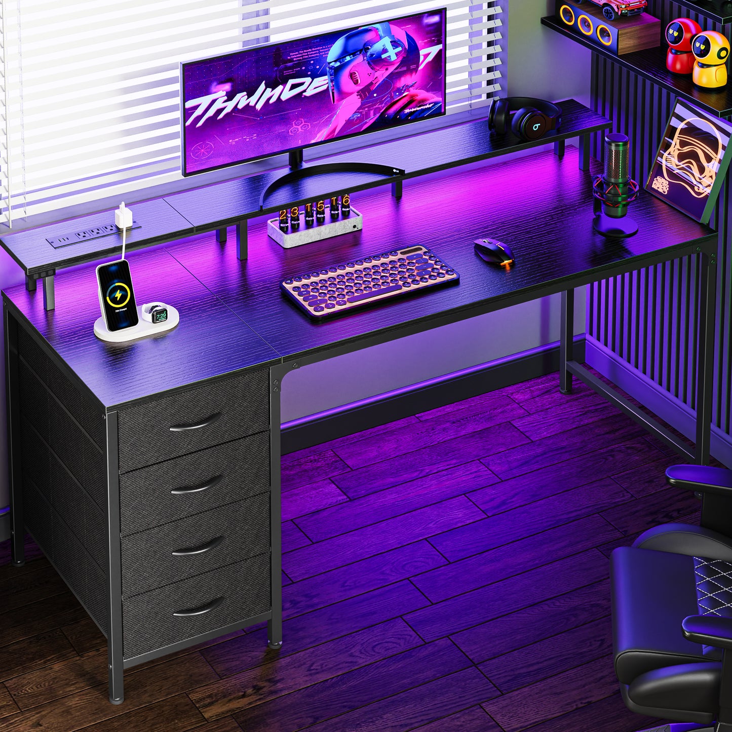 Huuger 55 Inch Computer Desk with Power Outlets and LED Lights, Gaming Desk with 4 Drawers, Office Desk with Monitor Stand, Study Desk Work Desk for Home Office, Black