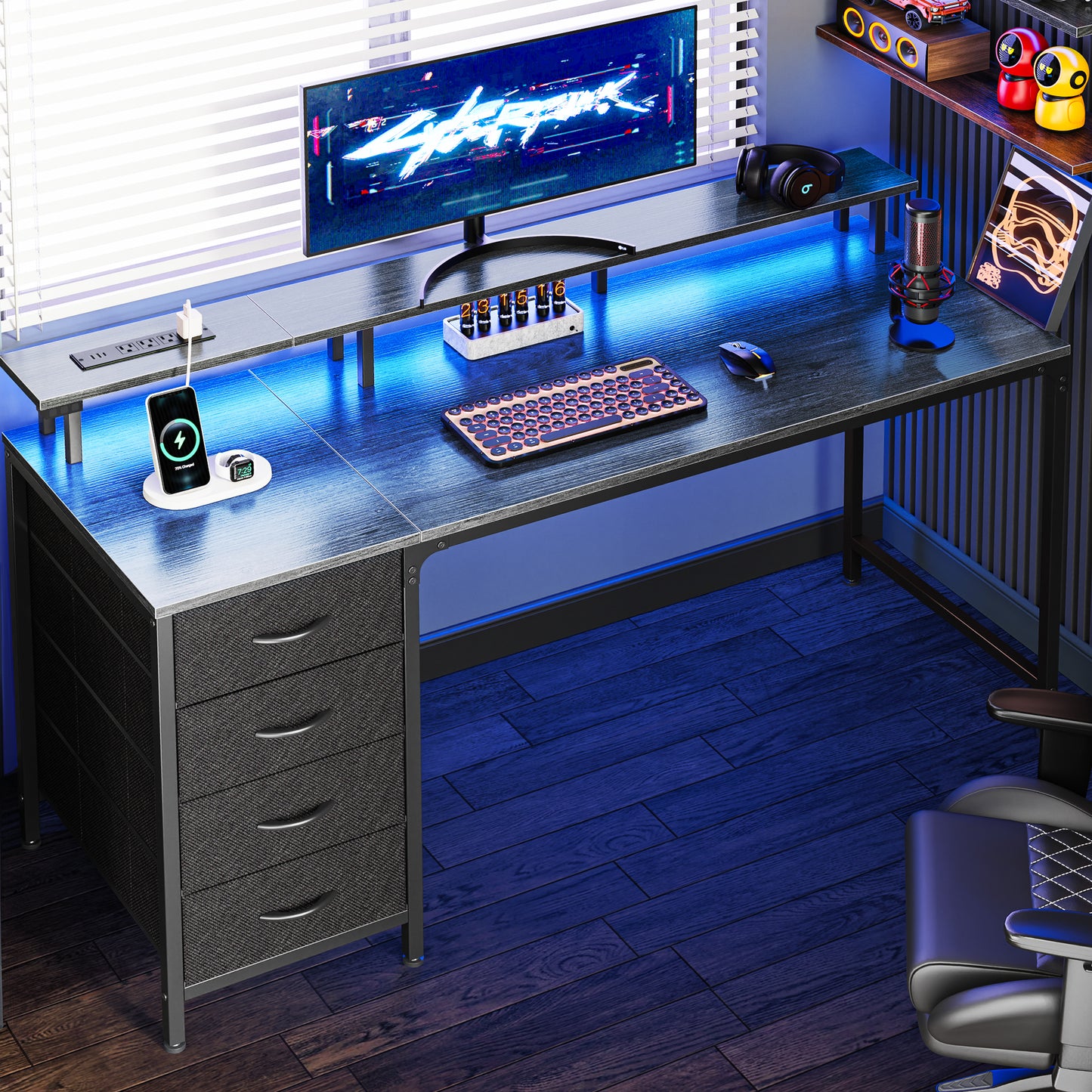 55 Inch Computer Desk with Power Outlets and LED Lights, Gaming Desk with 4 Drawers, Office Desk with Monitor Stand, Study Desk Work Desk for Home Office, Gray