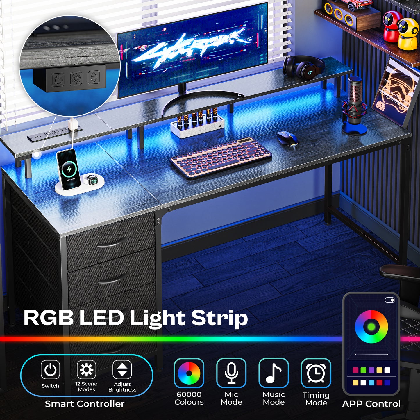 55 Inch Computer Desk with Power Outlets and LED Lights, Gaming Desk with 4 Drawers, Office Desk with Monitor Stand, Study Desk Work Desk for Home Office, Gray