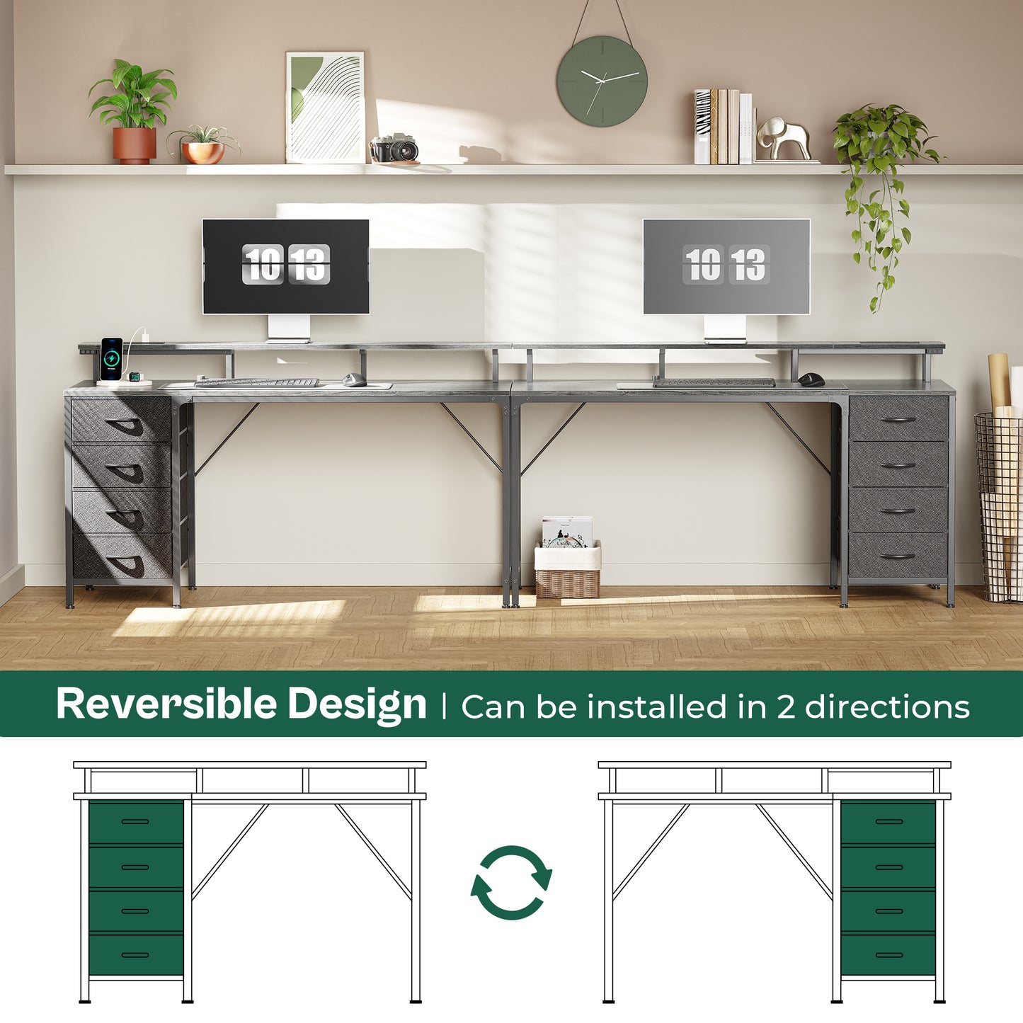 55 Inch Computer Desk with Power Outlets and LED Lights, Gaming Desk with 4 Drawers, Office Desk with Monitor Stand, Study Desk Work Desk for Home Office, Gray