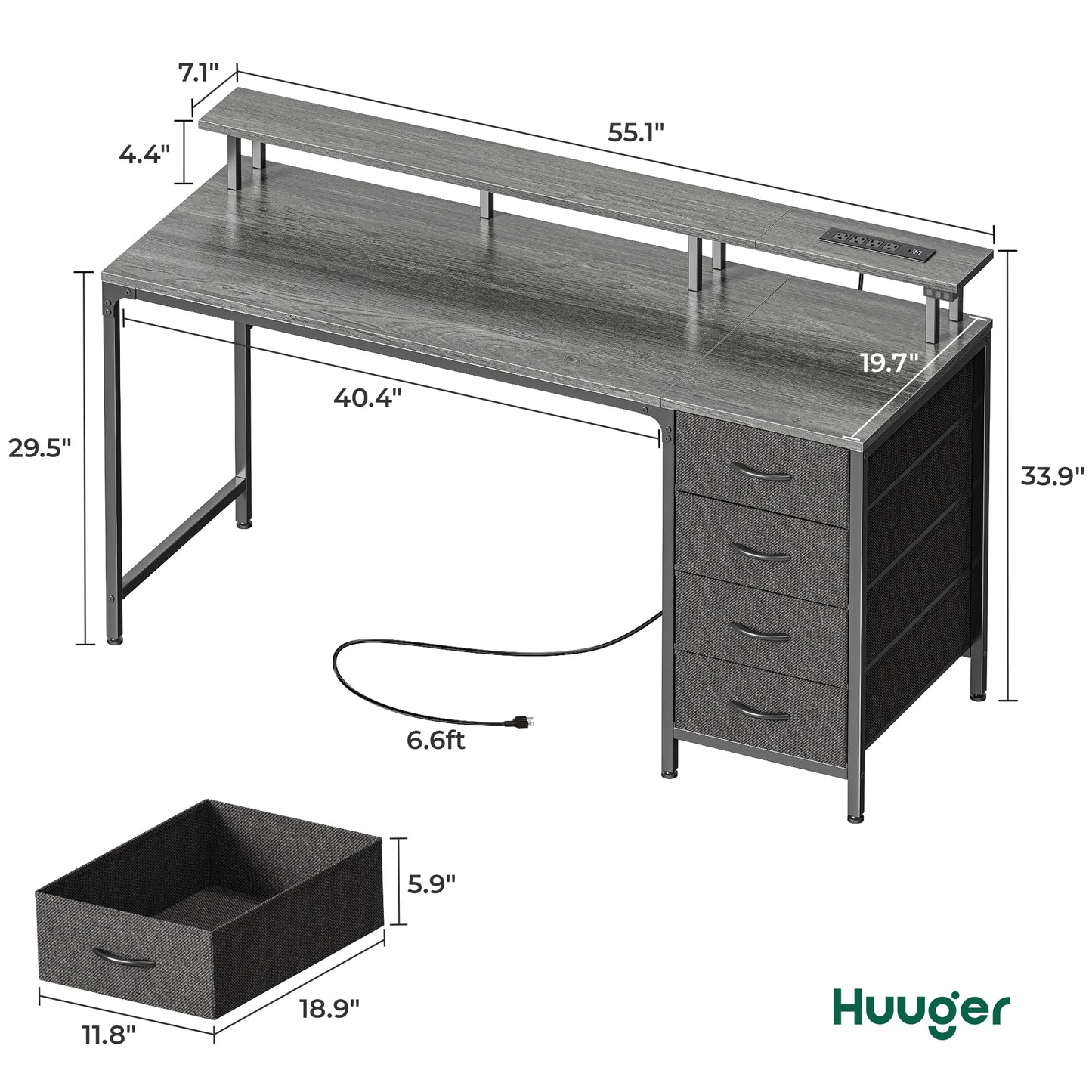 55 Inch Computer Desk with Power Outlets and LED Lights, Gaming Desk with 4 Drawers, Office Desk with Monitor Stand, Study Desk Work Desk for Home Office, Gray