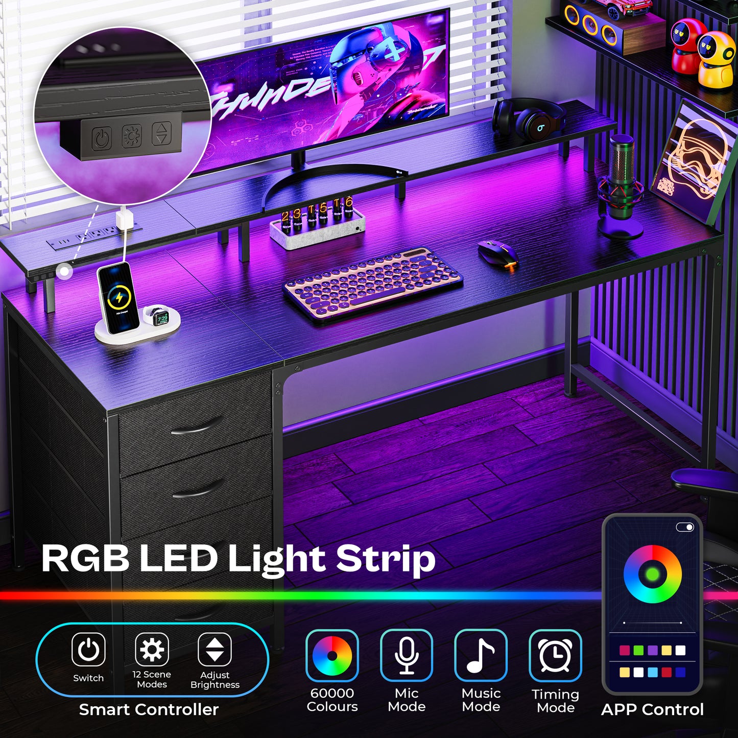 Huuger 55 Inch Computer Desk with Power Outlets and LED Lights, Gaming Desk with 4 Drawers, Office Desk with Monitor Stand, Study Desk Work Desk for Home Office, Black