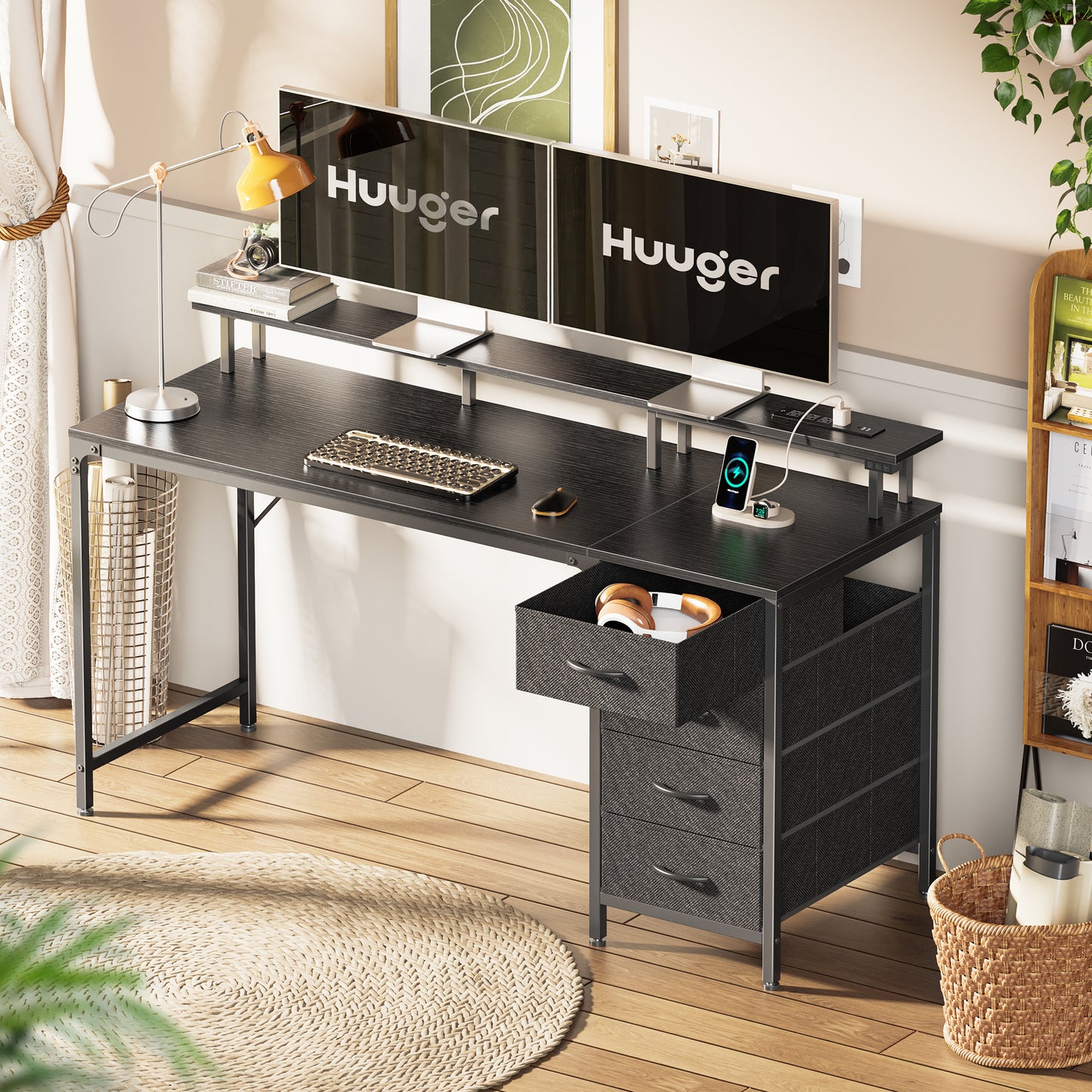 Huuger 55 Inch Computer Desk with Power Outlets and LED Lights, Gaming Desk with 4 Drawers, Office Desk with Monitor Stand, Study Desk Work Desk for Home Office, Black