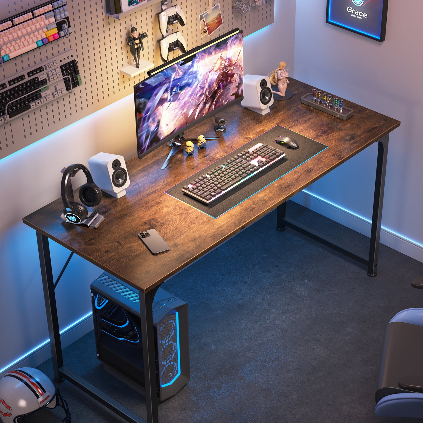 Huuger Computer Desk, 48 Inch Office Desk, Gaming Desk with Storage, Writing Desk Work Desk for Home Office, Study, Modern Simple Desk, Rustic Brown