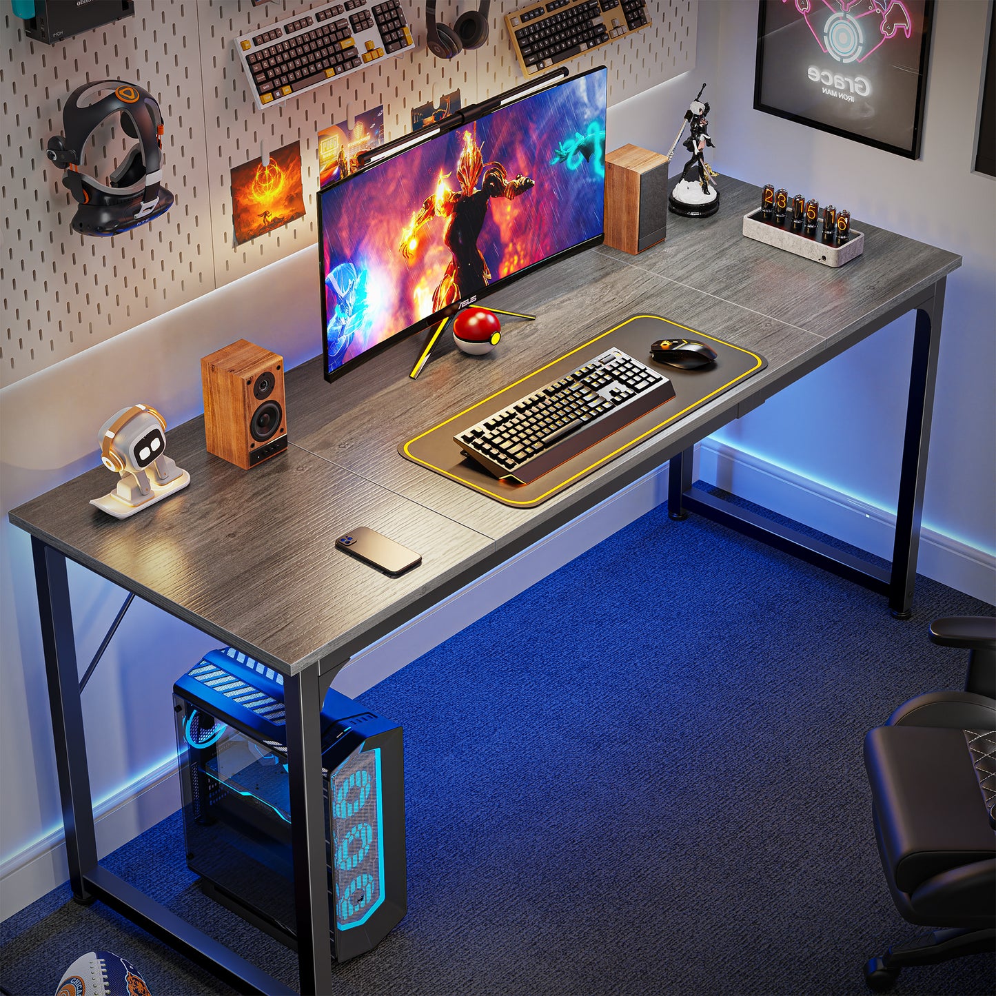 Huuger Computer Gaming Desk, 63 Inch Office Desk With Storage, Writing Work Surface for Home Office, Study, Modern Simple Style, Large Legroom, Metal Frame, Grey