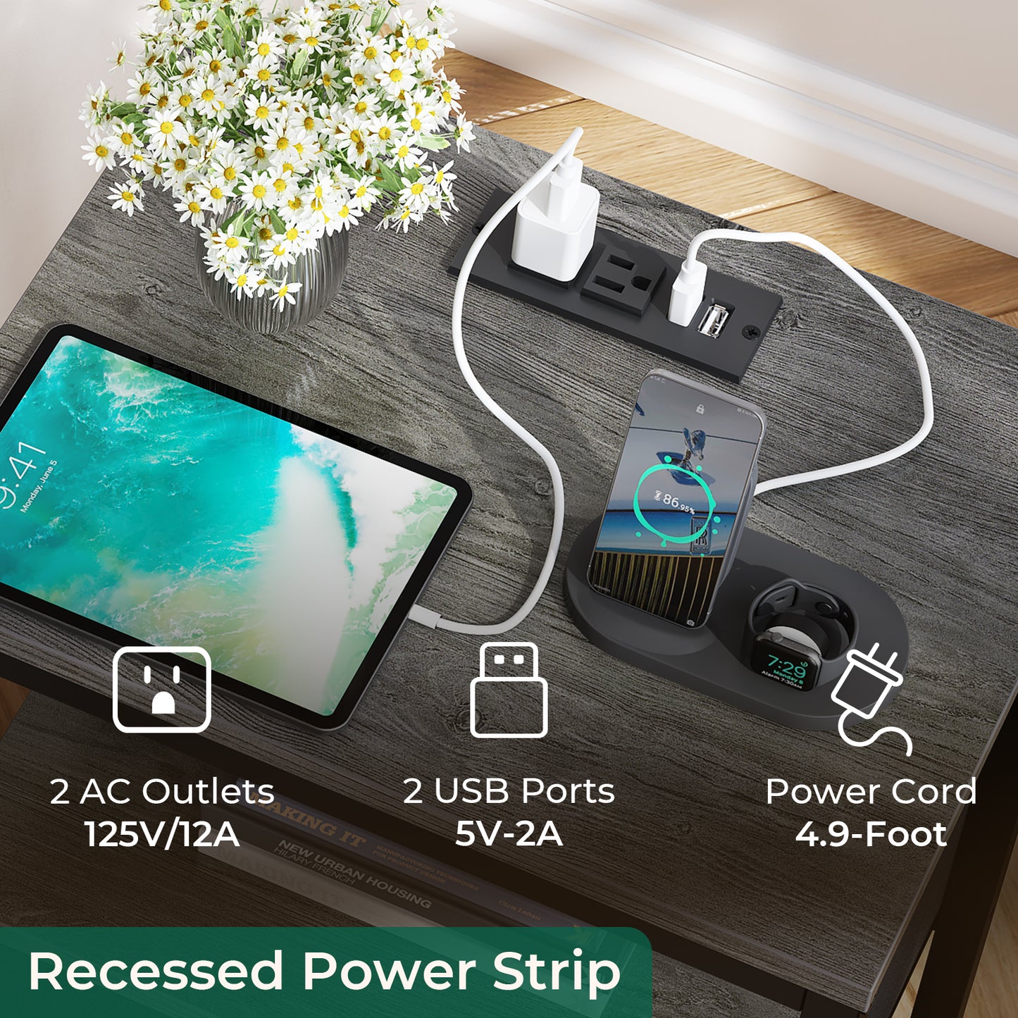 Huuger Nightstand with Charging Station, Side Table with Fabric Drawers, Open Shelf, Bedside Table with USB Ports and Outlets, Charcoal Gray