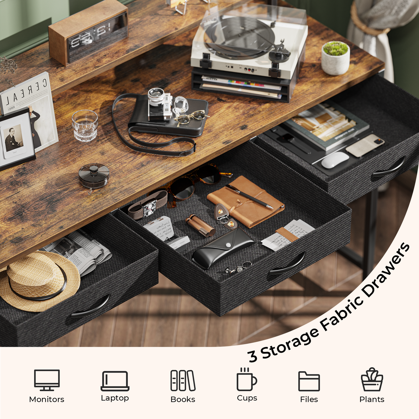Huuger 47 inch Computer Desk with LED Lights & Power Outlets, Rustic Brown