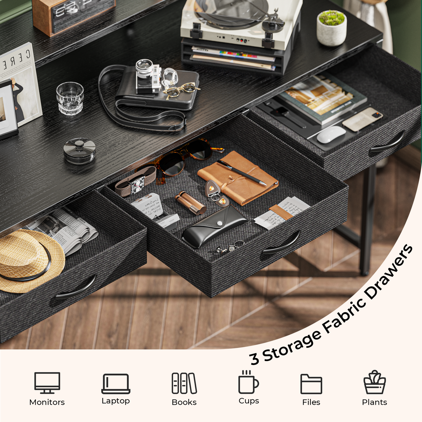 Huuger 55 inch Computer Desk with 3 Drawers, Office Desk Gaming Desk with LED Lights & Power Outlets, Black
