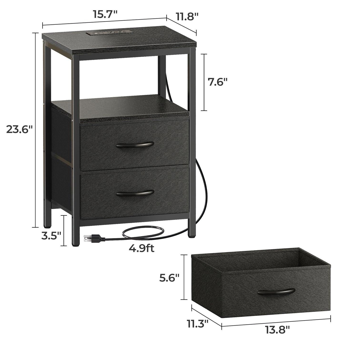 Huuger Nightstands Set of 2, End Tables with Charging Station, Side Tables with Fabric Drawers, Bedside Tables with USB Ports and Outlets, Night Stands for Bedroom, Black