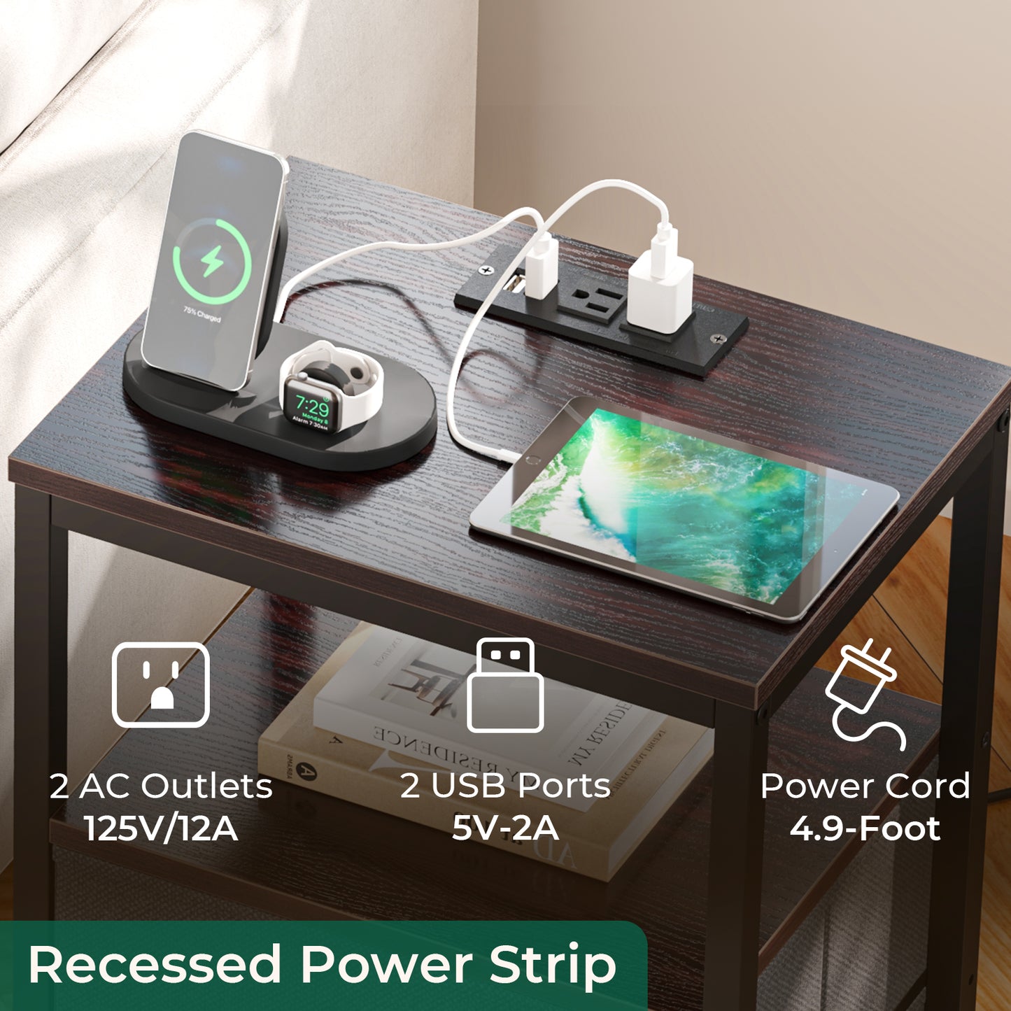 Huuger Nightstands Set of 2, End Tables, Side Tables with Fabric Drawers, Bedside Tables with USB Ports and Outlets, Walnut