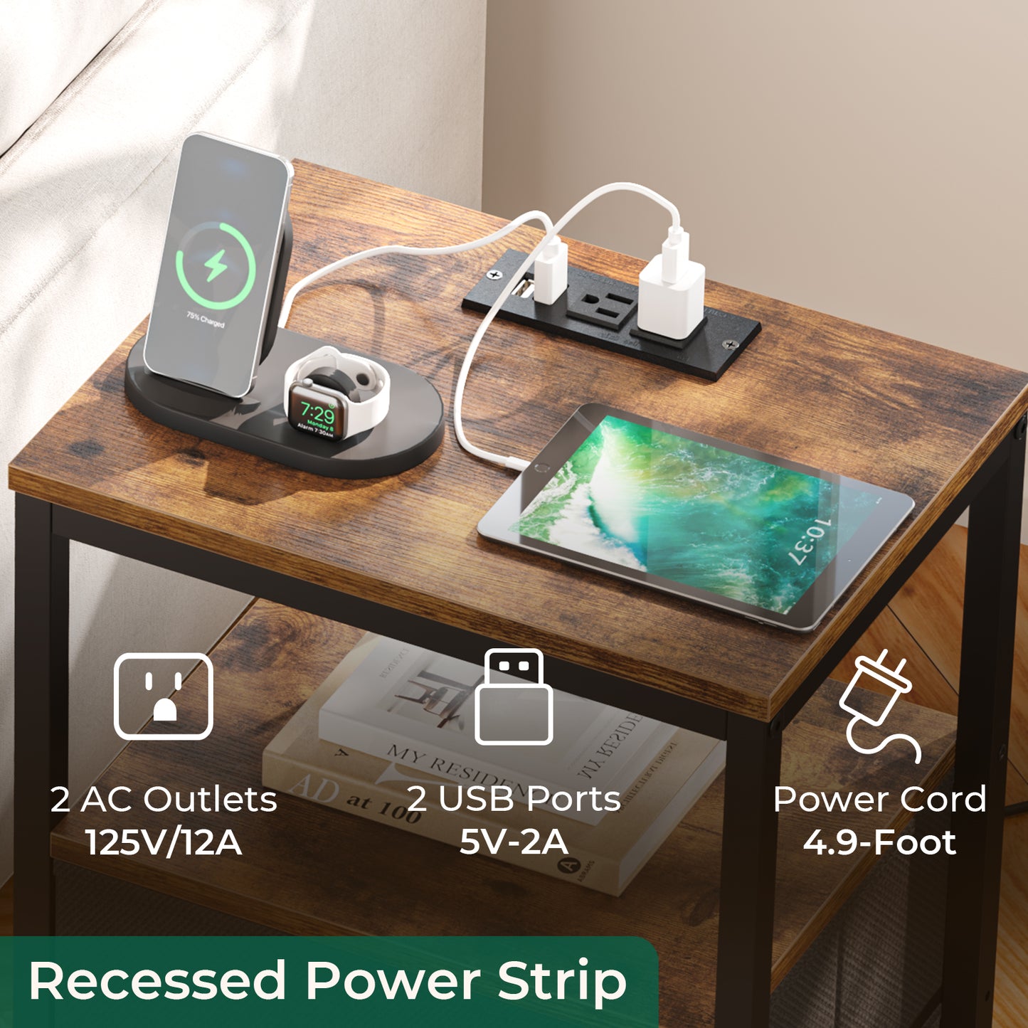 Huuger Nightstand with Charging Station, Side Table with Fabric Drawers, End Table with Open Shelf, Bedside Table with USB Ports and Outlets, Vintage Brown