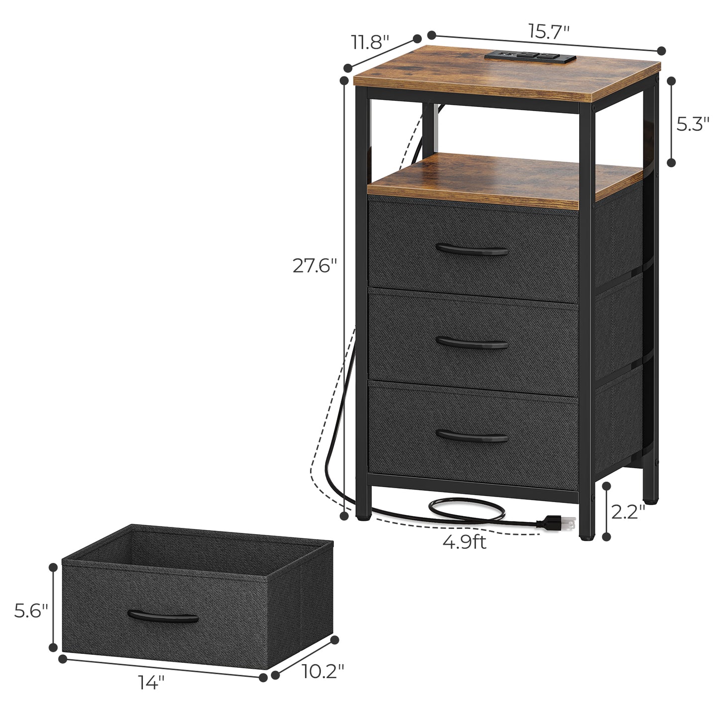 Huuger Nightstand with Charging Station, 27.6 Inch Side Table with Fabric Drawers, End Table Bedside Table with USB Ports and Outlets, Night Stand for Bedroom, Living Room, Rustic Brown