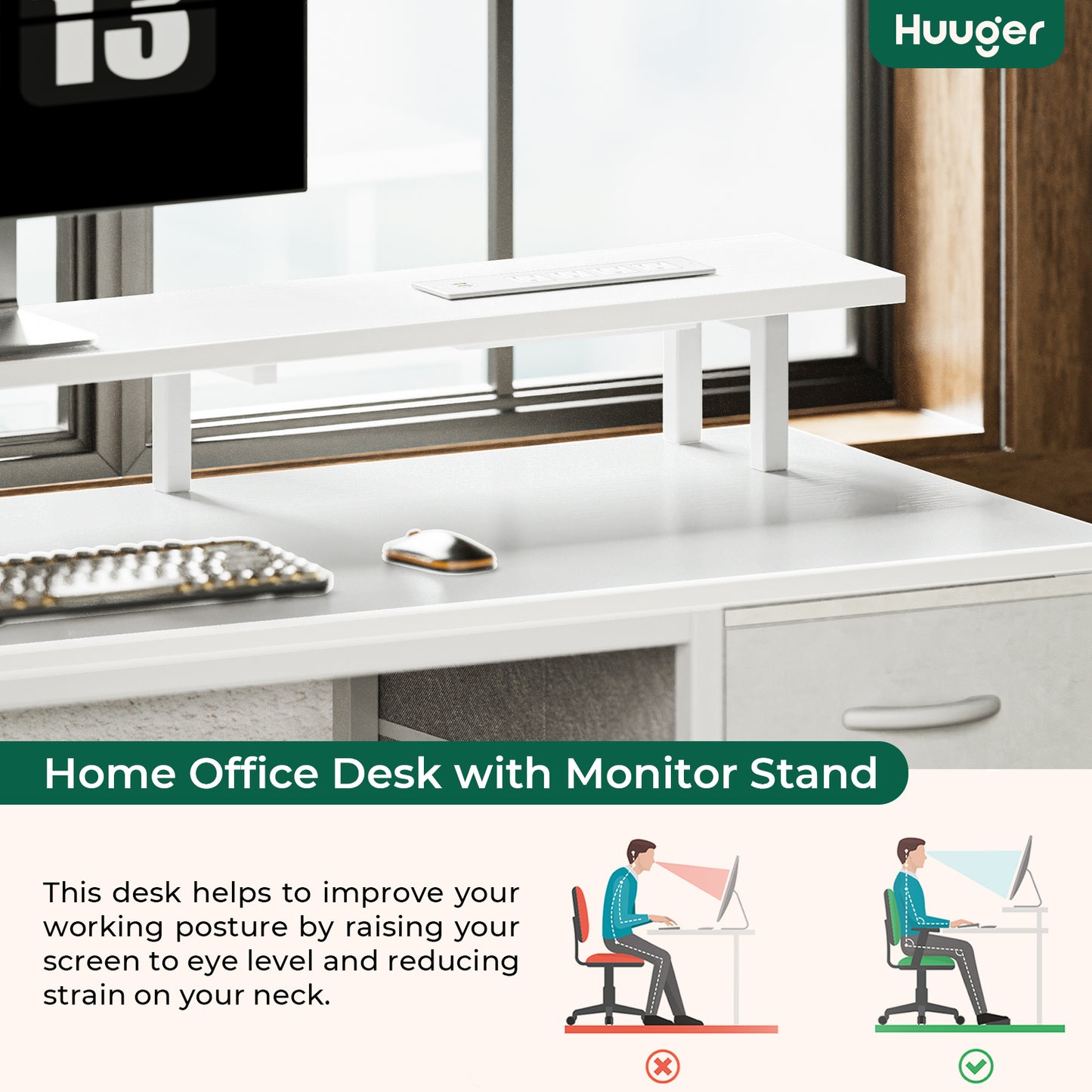 Huuger 47 inch Computer Desk with 4 Drawers, Gaming Desk with LED Lights & Power Outlets, Home Office Desk with Large Storage Space for Bedroom, Work from Home, White