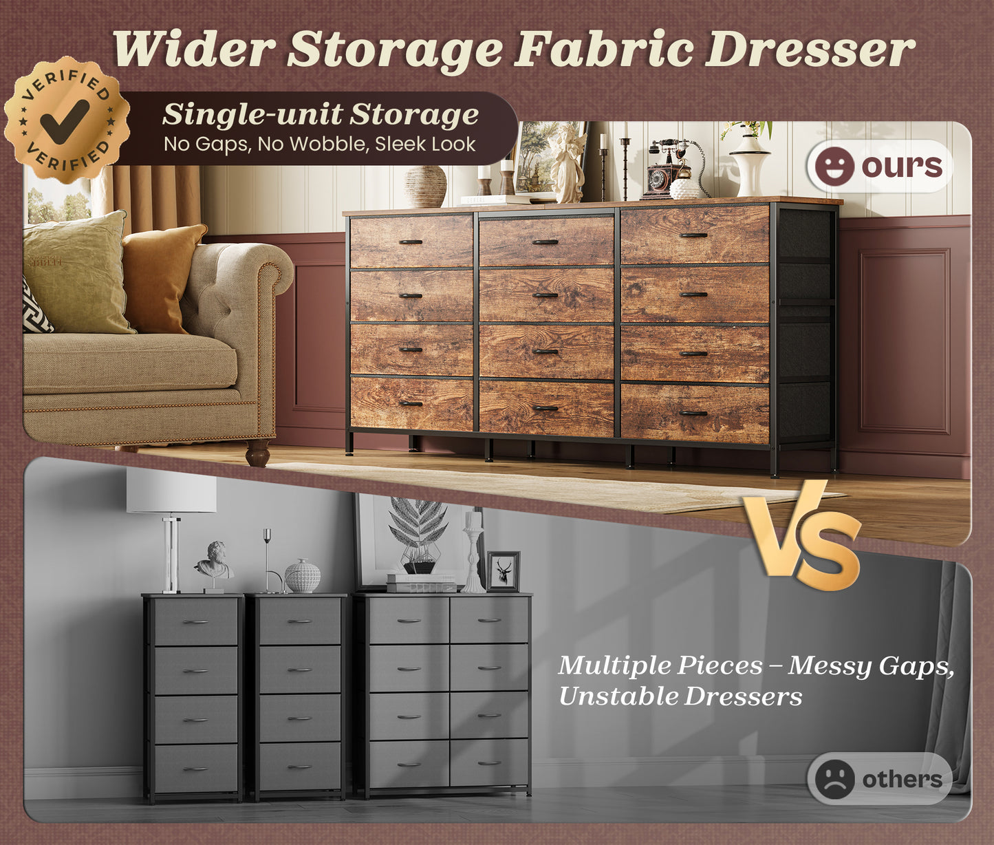Huuger 63 Inch Long Dresser for Bedroom, TV Stand for 65, 70 Inch TV, 12 Drawer Dresser for Closet, Chest of Drawers, Large Fabric Drawers for Bedroom, Media Console, Rustic Brown