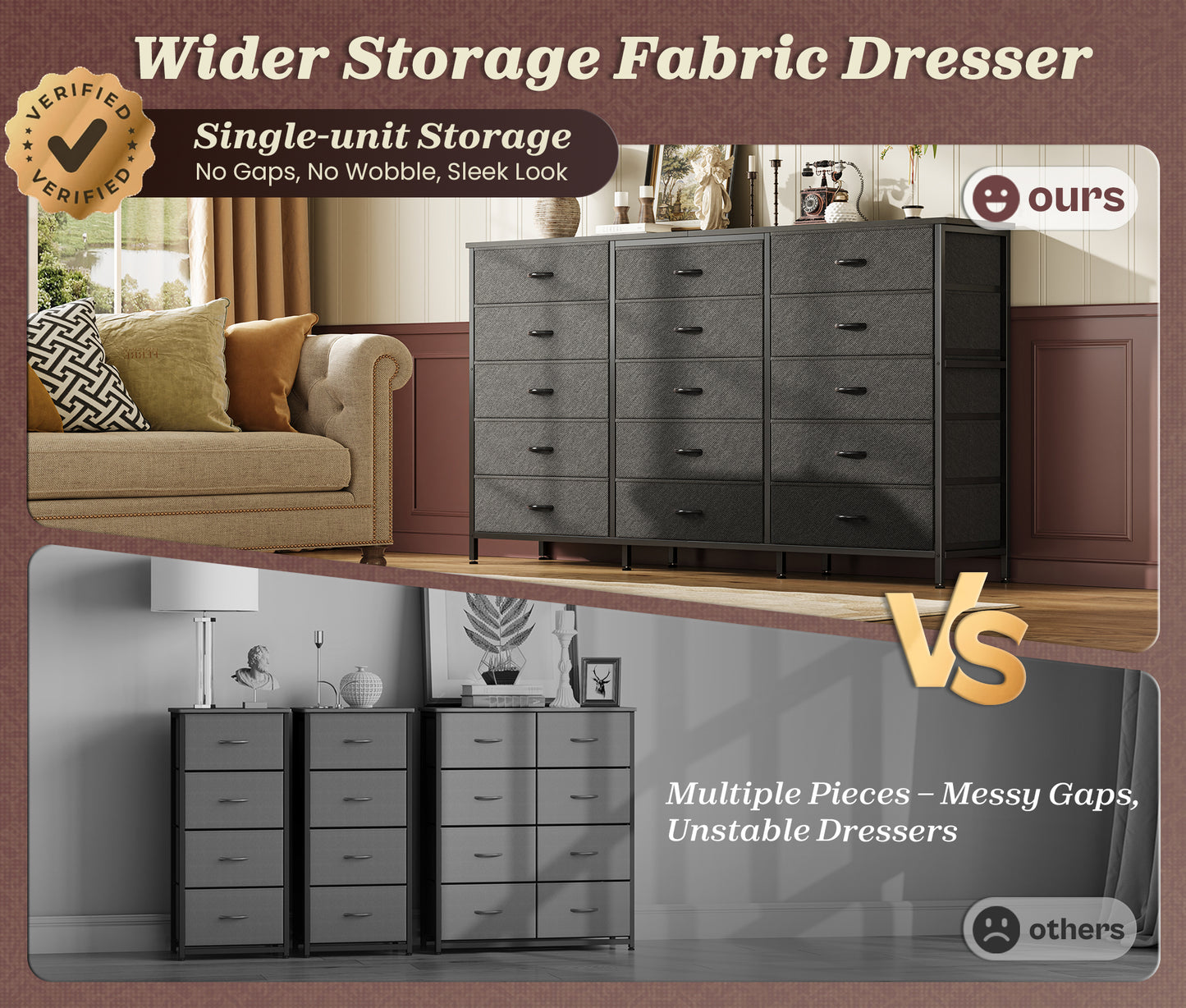 Huuger 63 Inch Long Dresser for Bedroom, TV Stand for 65, 70 Inch TV, 15 Drawer Dresser for Closet, Chest of Drawers, Large Fabric Drawers for Living Room, Black