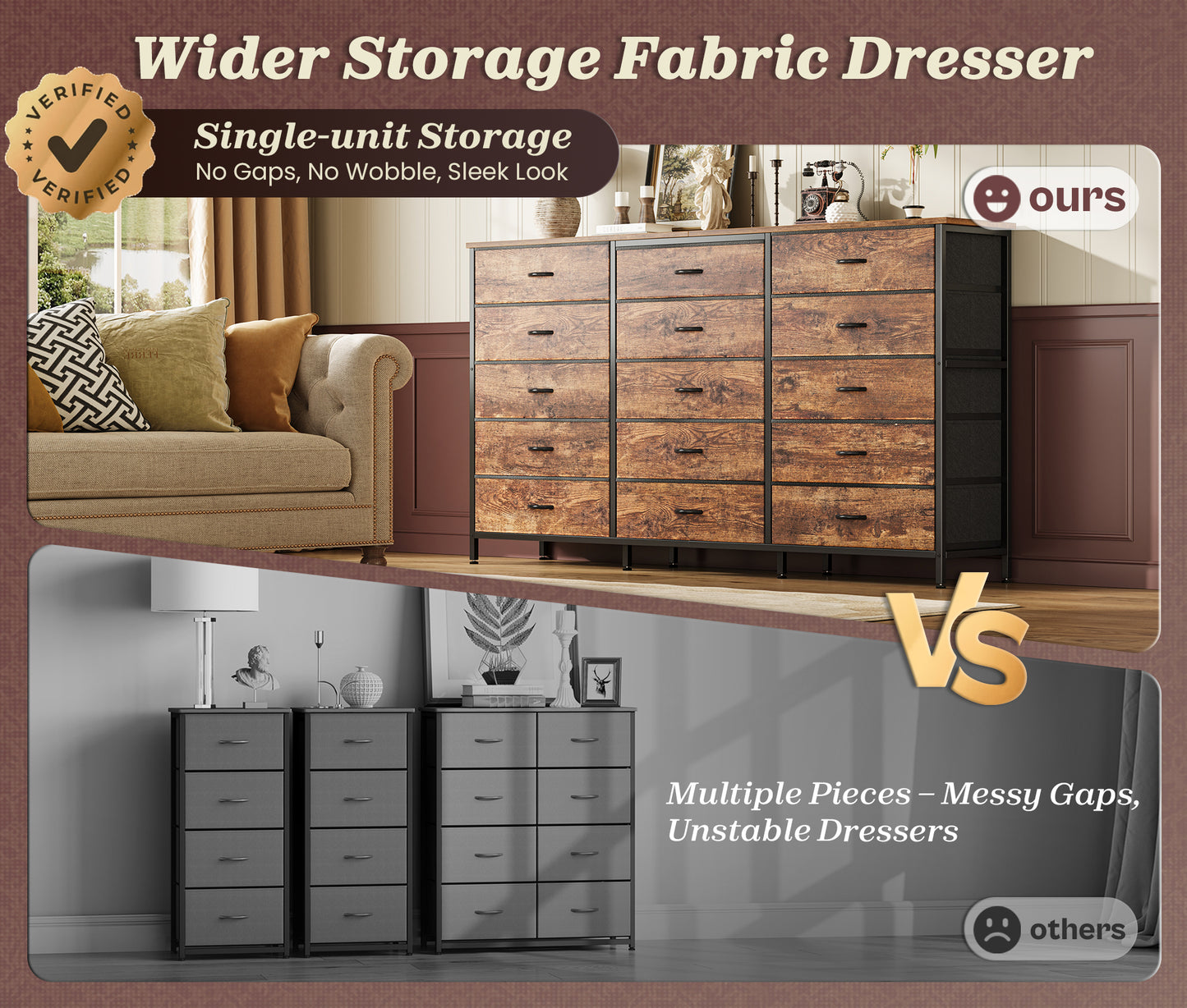 Huuger 63 Inch Long Dresser for Bedroom, TV Stand for 65, 70 Inch TV, 15 Drawer Dresser for Closet, Chest of Drawers, Large Fabric Drawers for Living Room, Rustic Brown