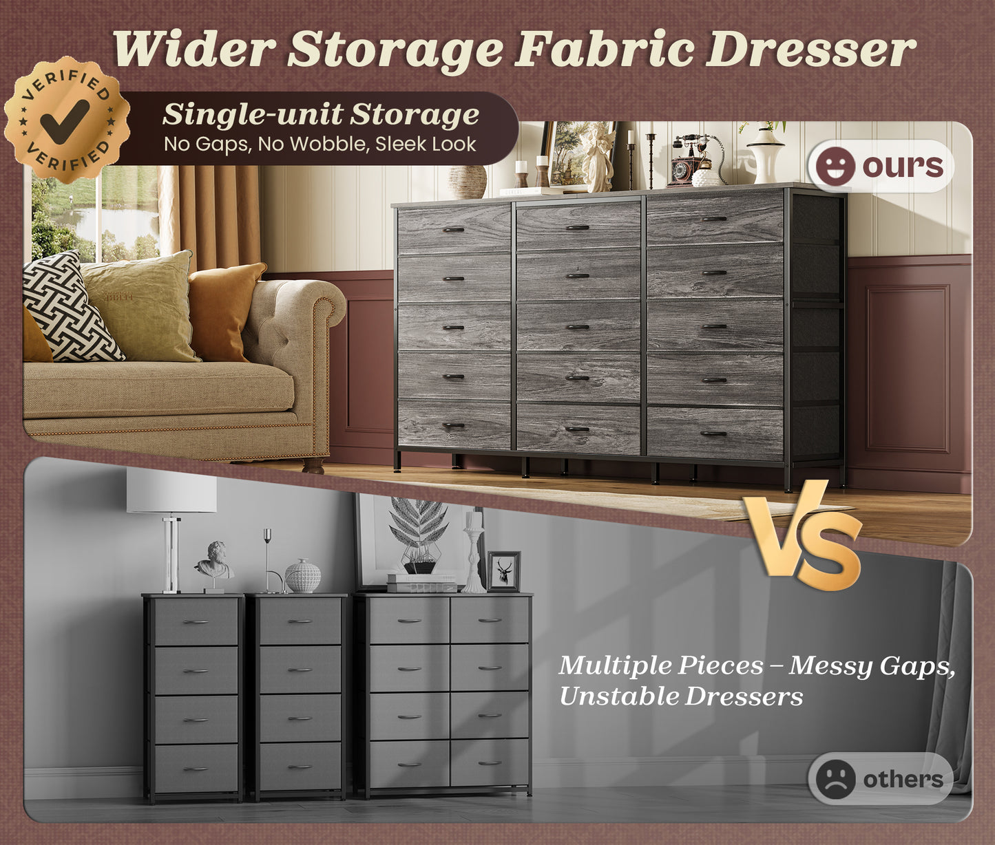 Huuger 63 Inch Long Dresser for Bedroom, TV Stand for 65, 70 Inch TV, 15 Drawer Dresser for Closet, Chest of Drawers, Large Fabric Drawers for Living Room, Grey