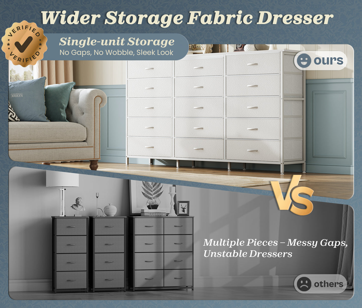 Huuger 63 Inch Long Dresser for Bedroom, TV Stand for 65, 70 Inch TV, 15 Drawer Dresser for Closet, Chest of Drawers, Large Fabric Drawers for Living Room, White