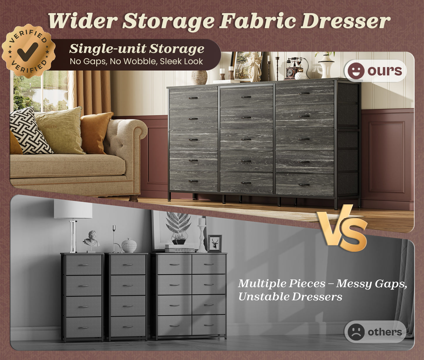 Huuger 63 Inch Long Dresser for Bedroom, TV Stand for 65, 70 Inch TV, 15 Drawer Dresser for Closet, Chest of Drawers, Large Fabric Drawers for Living Room, Charcoal Black