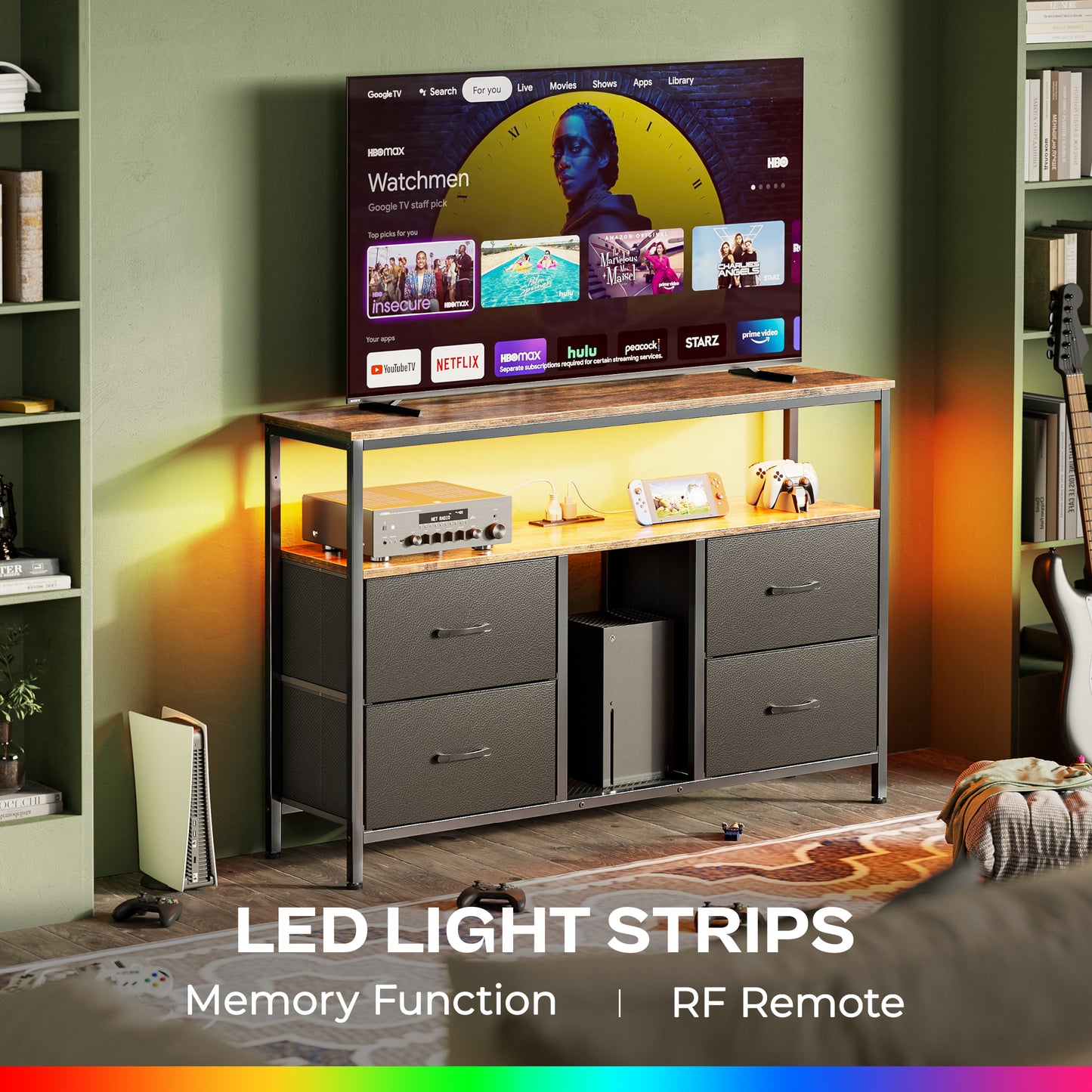 Huuger TV Stand Dresser with Power Outlets and LED Lights, 4 Drawers Entertainment Center with Open Shelf, Media Console for 50 43 Inch TV, Dresser with PU Finish, Rustic Brown and Black