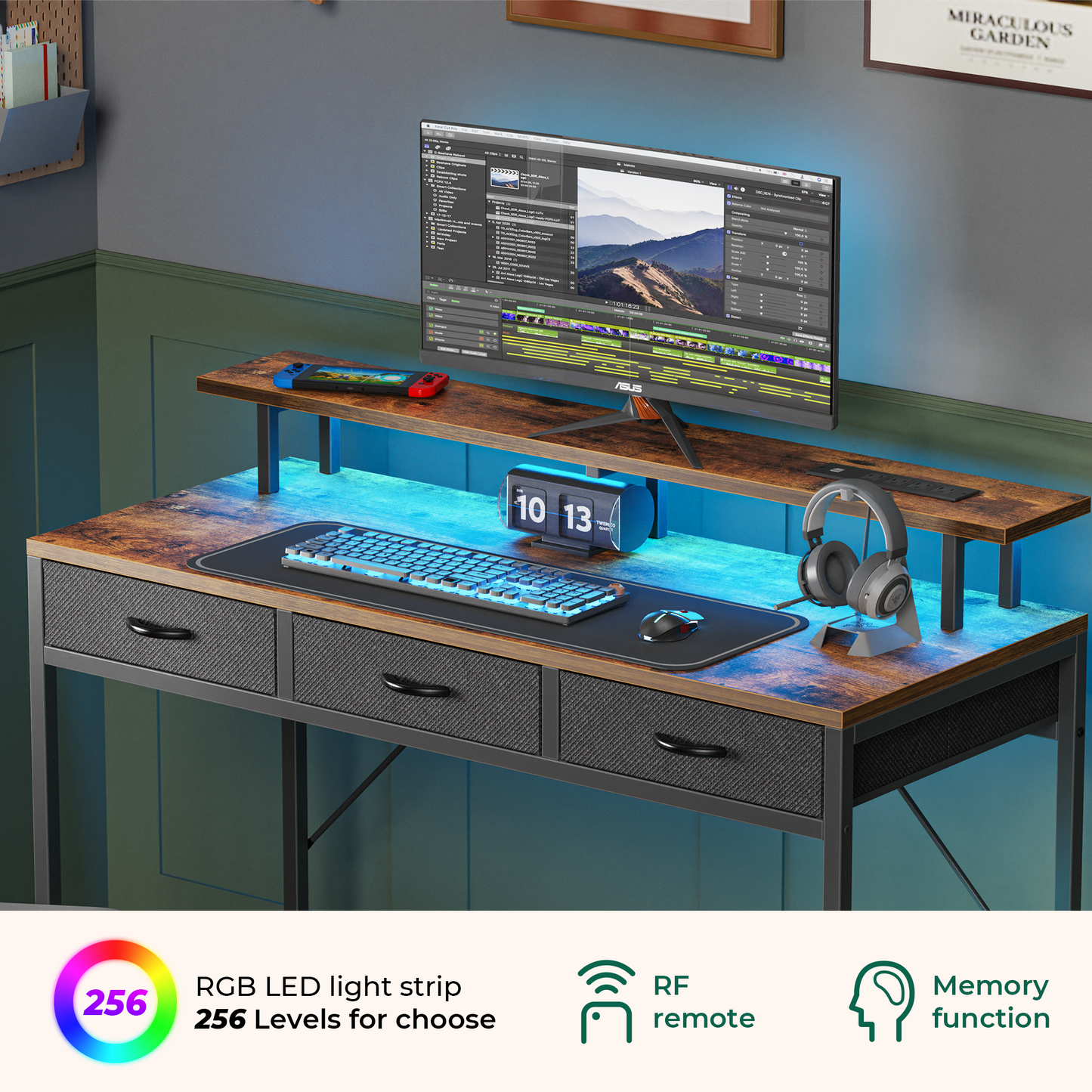 Huuger 47 inch Computer Desk with LED Lights & Power Outlets, Rustic Brown