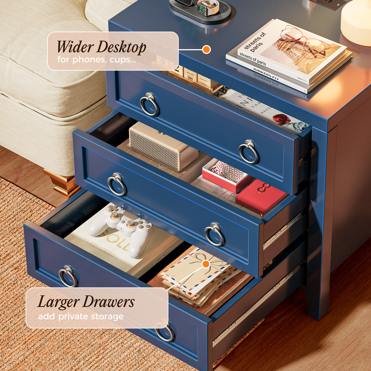 Huuger Paint Night Stand with Charger Station, 3 Drawer Nightstand Set of 2 Larger Wider Bedside Table with USB-C Port, Modern End Table, for Bedroom, Living Room, Blue Nightstand