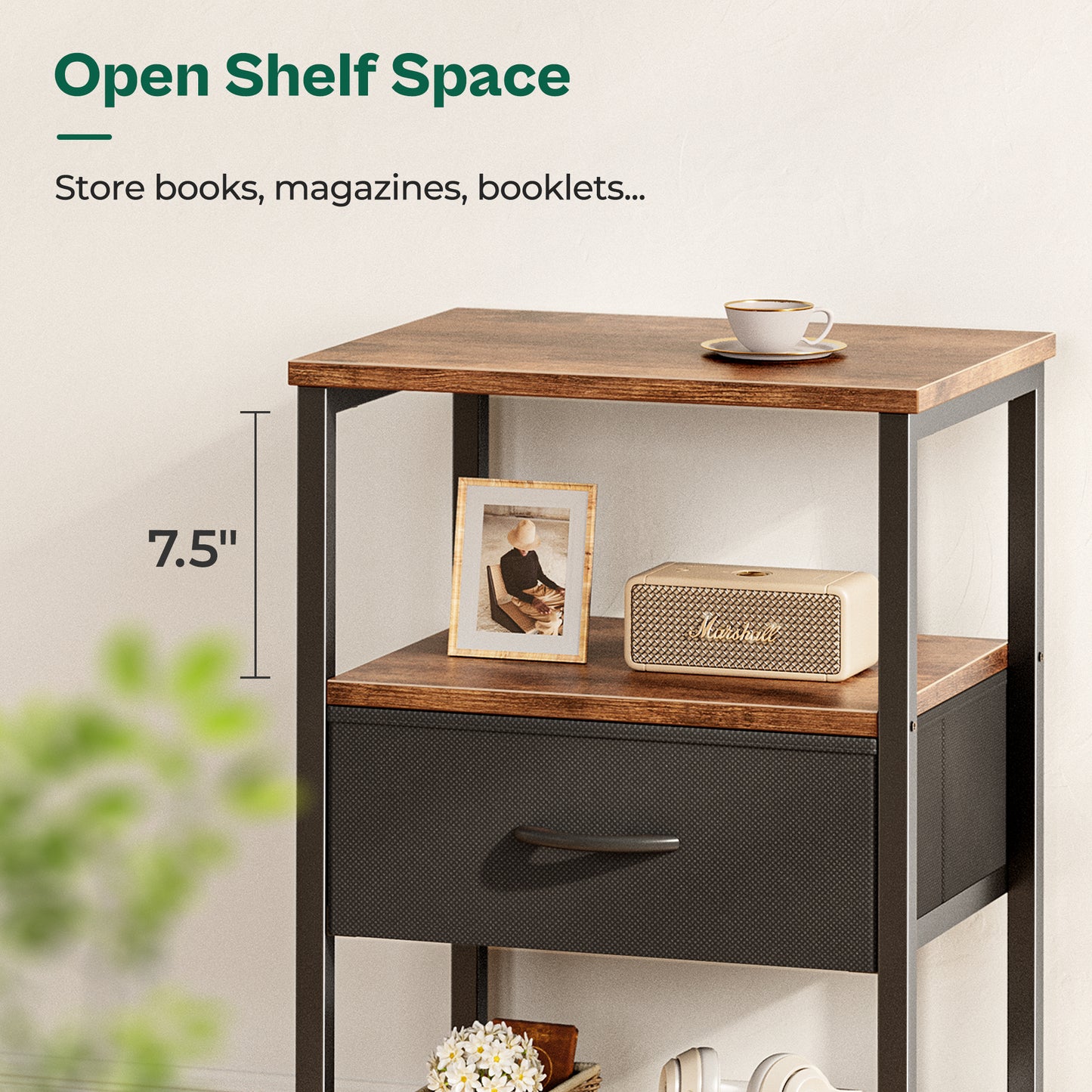 Huuger Night Stand with Fabric Drawer, Side Table with Mesh Shelf, Bedroom Nightstand, Fabric Drawer Dresser, Open Shelf, Metal Frame, Couch Side, Rustic Brown and Black