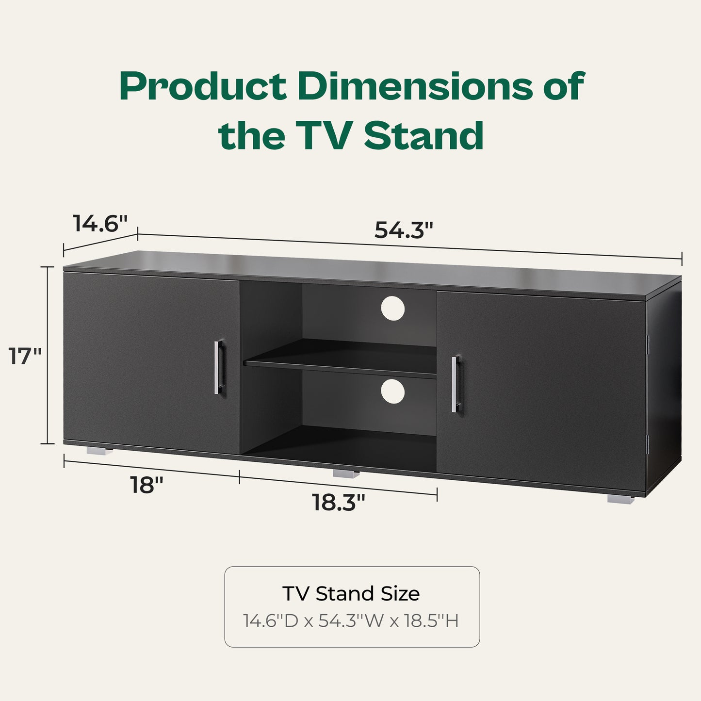Huuger TV Stand for 55 Inch TV, Entertainment Center with Storage, 2 Cabinets, TV Console Media Cabinet with 6 Cable Holes, Black TV Stand for Living Room, Bedroom
