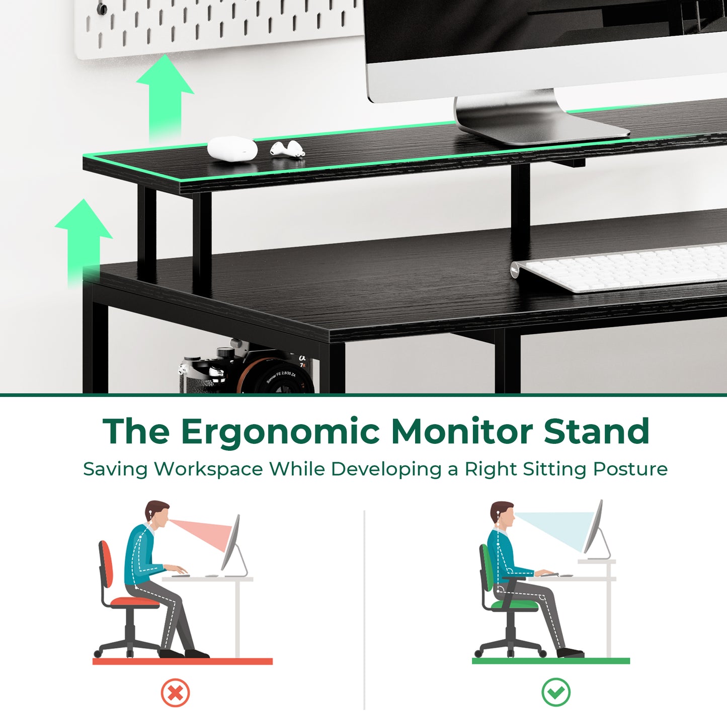 Huuger L Shaped Desk with Power Outlets & LED Lights, Reversible Computer Desk with Storage Shelves & File Cabinet, Black