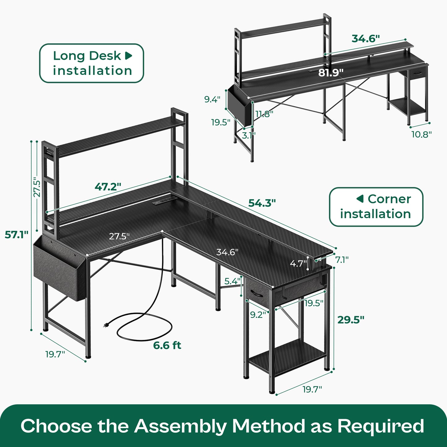 Huuger L Shaped Desk Gaming Desk with LED Lights & Power Outlets, Computer Desk with Storage Shelves, Carbon Fiber Black