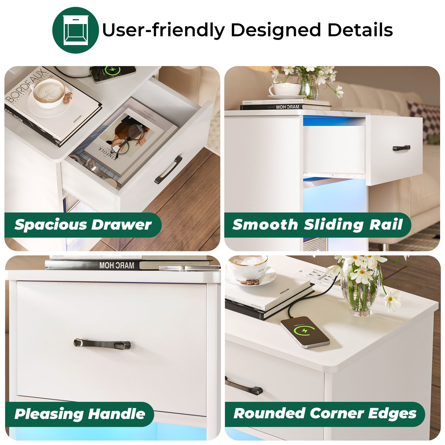 Huuger Nightstands Set of 2, Night Stands with Charging Station & LED Light Strips, Bedside Tables with Drawer, Side Tables Bedroom, Open Storage, White
