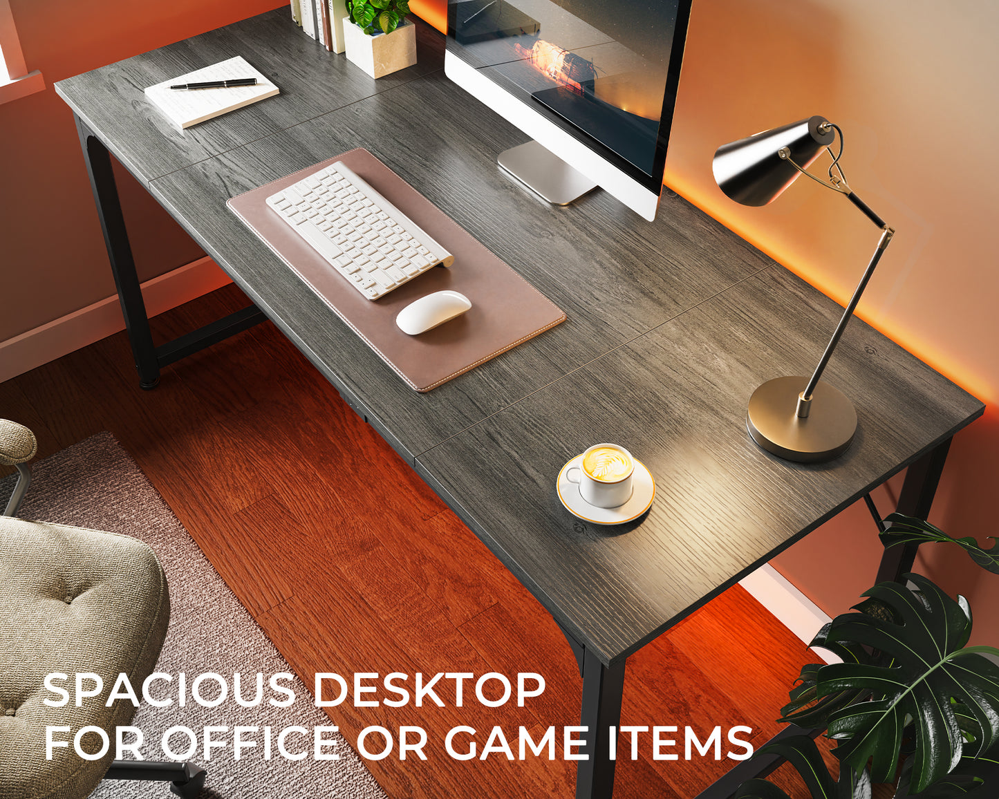 Huuger Computer Gaming Desk, 63 Inch Office Desk With Storage, Writing Work Surface for Home Office, Study, Modern Simple Style, Large Legroom, Metal Frame, Grey