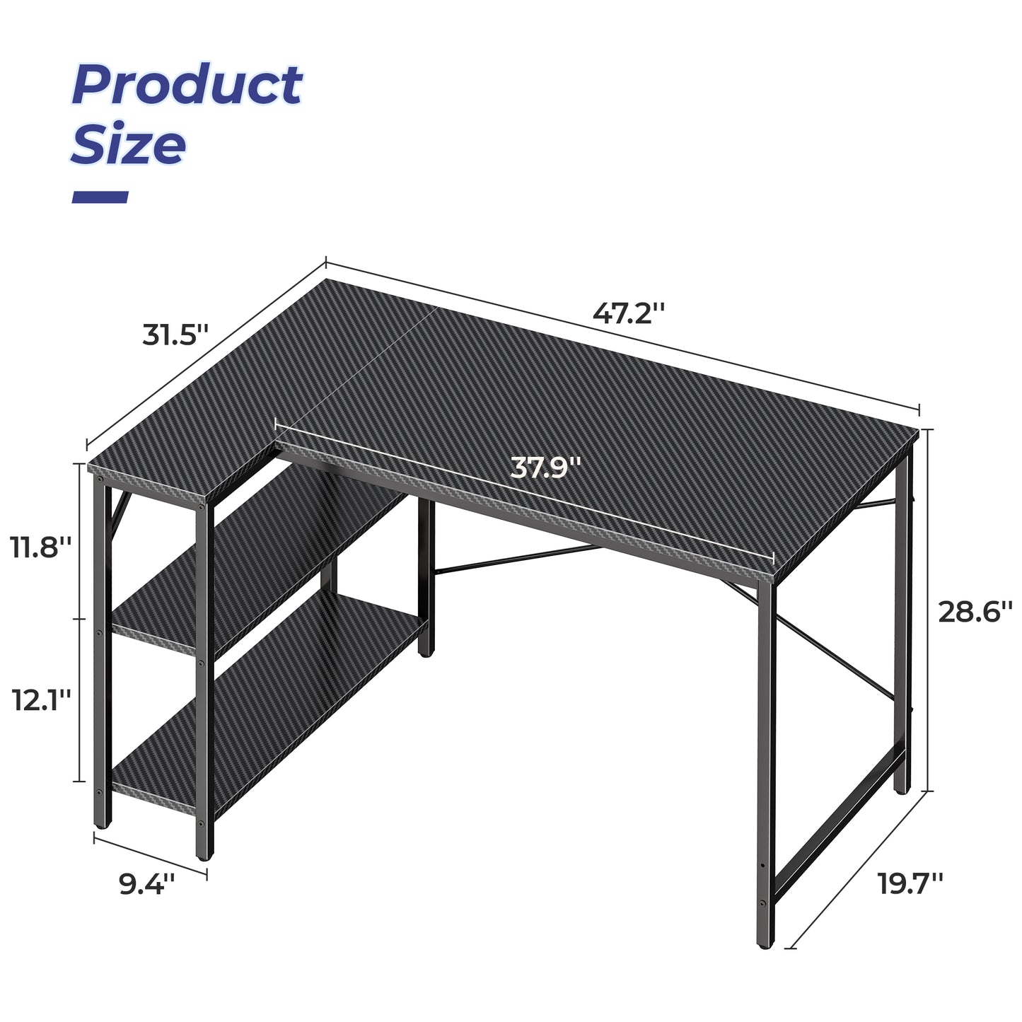 L Shaped Computer Desk with Reversible Storage Shelves, Gaming Corner Desk for Home Office, Writing Study Desk with Metal Frame, Carbon Fiber Black