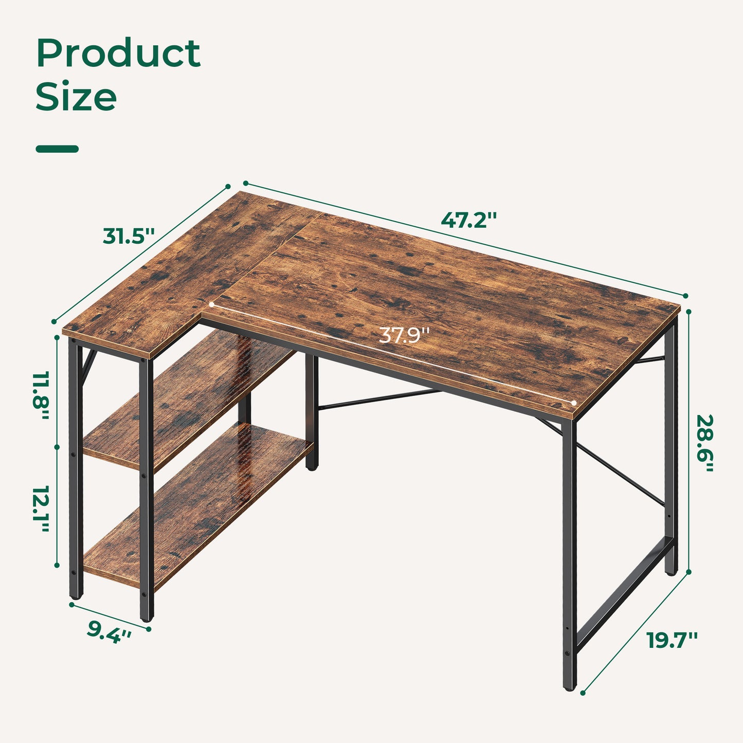 Huuger L Shaped Desk, 47 Inches Computer Desk with Reversible Storage Shelves, Rustic Brown