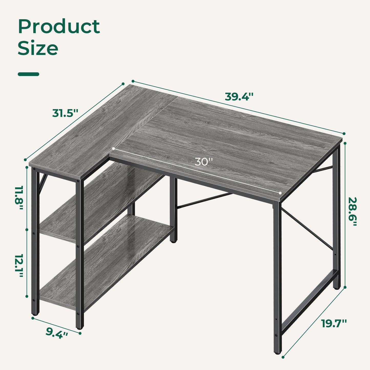 Huuger L Shaped Desk, 39 Inches Computer Desk with Reversible Storage Shelves, Gaming Desk, Corner Desk Home Office Desks, Writing Desk Study Desk with Metal Frame, Gray