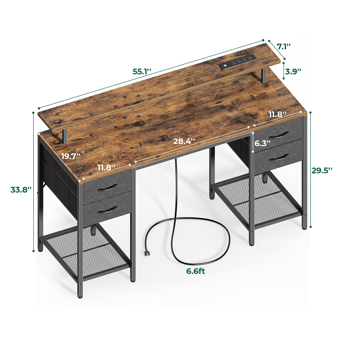 Huuger 55 inch Computer Desk with 4 Drawers, Gaming Desk with LED Lights & Power Outlets, Home Office Desk with Large Storage Space for Bedroom, Work from Home, Rustic Brown