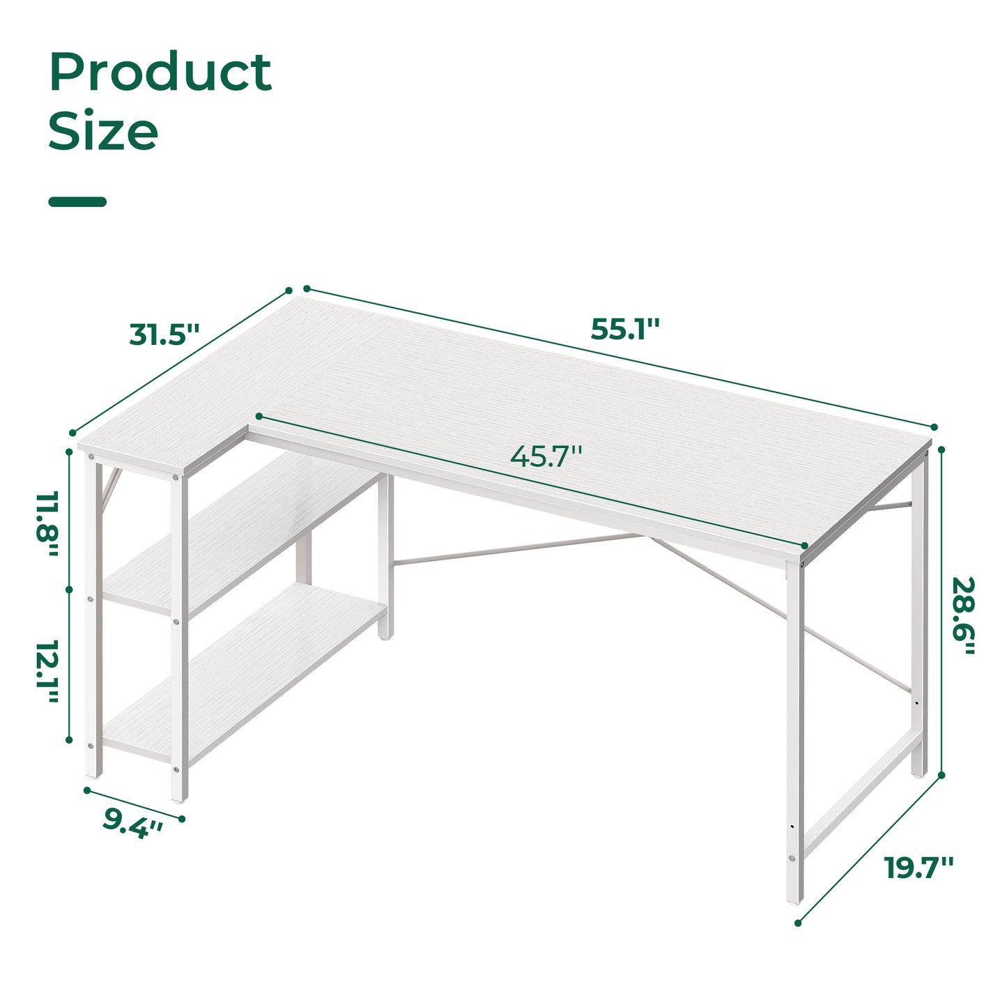 Huuger L Shaped Desk, 55 Inches Computer Desk with Reversible Storage Shelves, Gaming Desk, Corner Desk Home Office Desks, Writing Desk Study Desk with Metal Frame, White