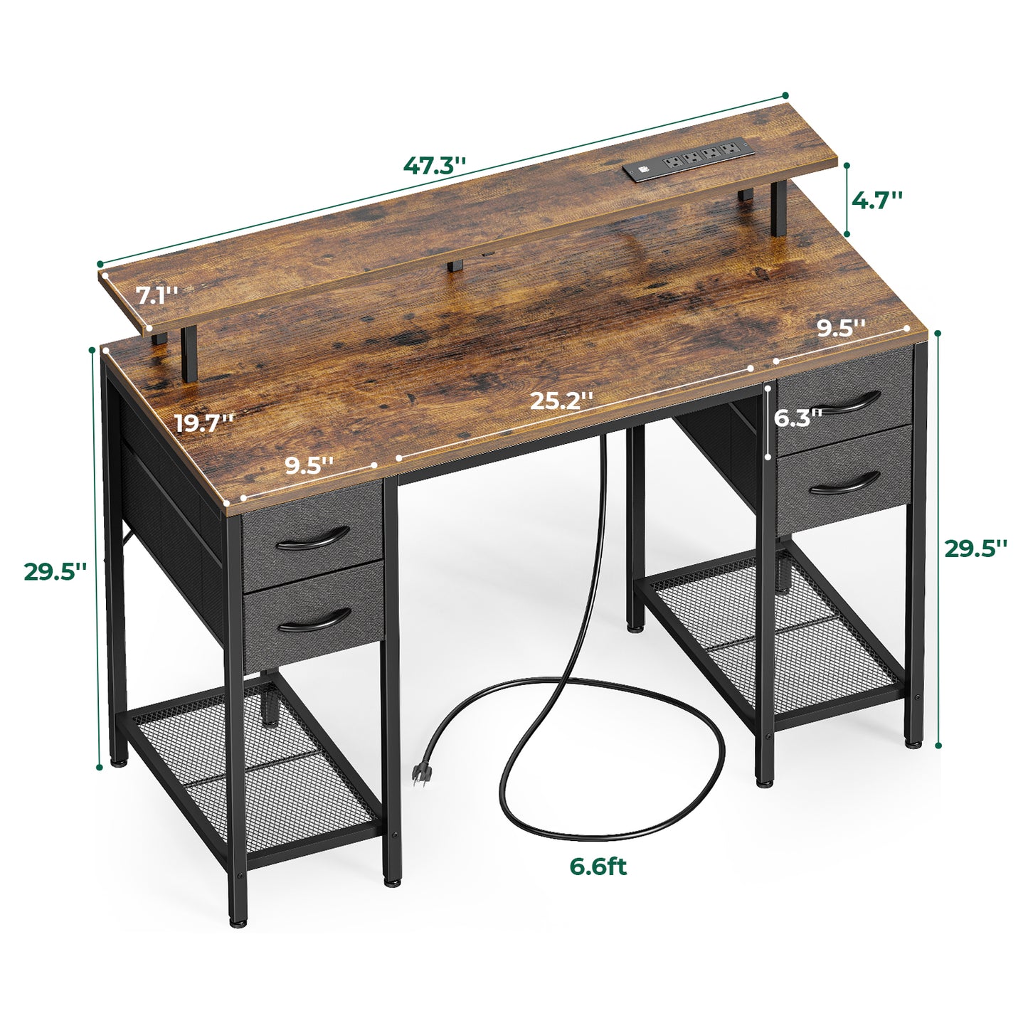 Huuger 47 inch Computer Desk with 4 Drawers, Gaming Desk with LED Lights & Power Outlets, Home Office Desk with Large Storage Space for Bedroom, Work from Home, Rustic Brown