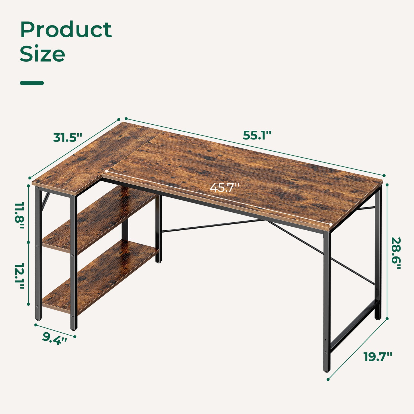 Huuger L Shaped Desk, 55 Inches Computer Desk with Reversible Storage Shelves, Gaming Desk, Corner Desk Home Office Desks, Writing Desk Study Desk with Metal Frame, Rustic Brown