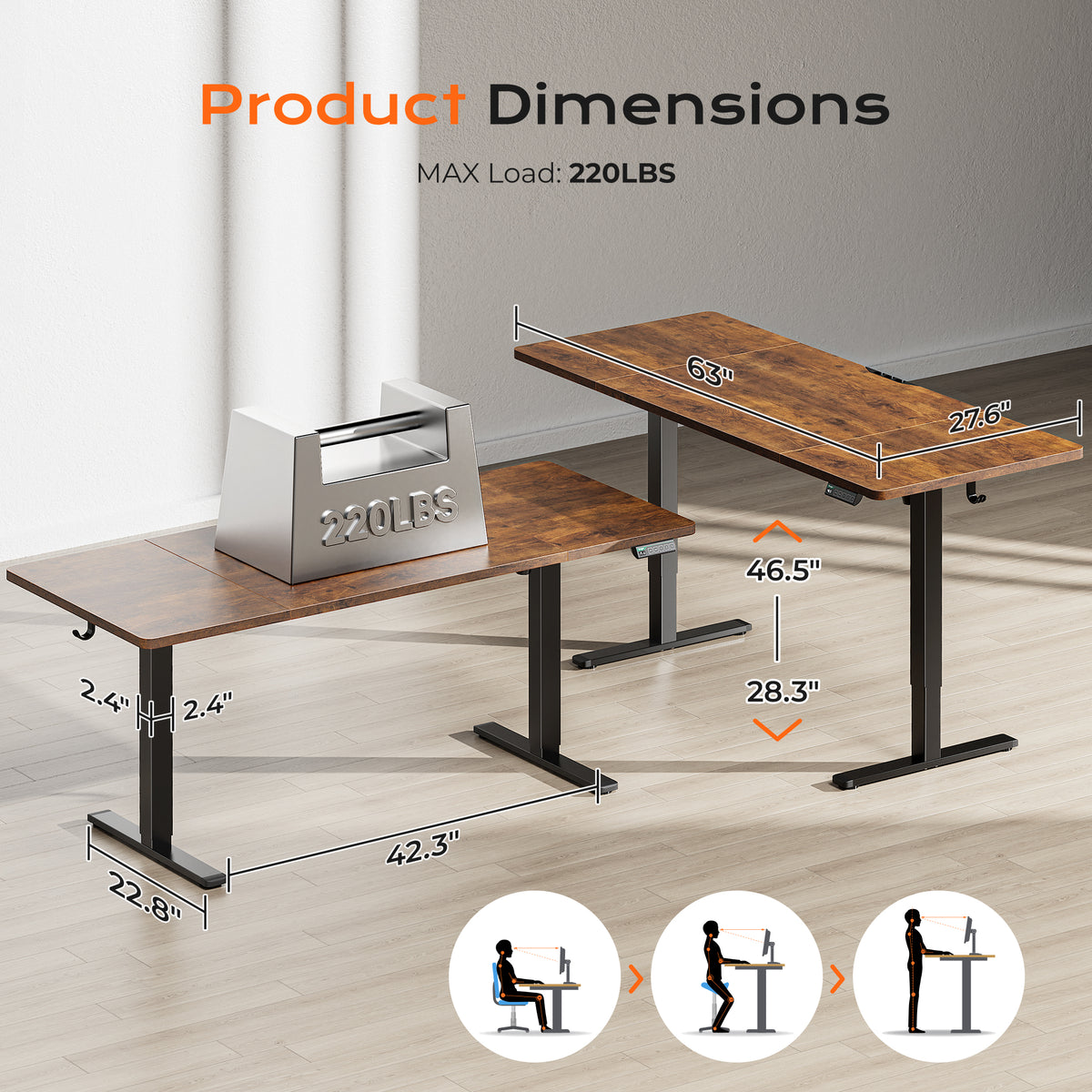 Huuger 63 x 28 Large Electric Standing Desk, Height Adjustable Computer Desk, 27.6" Deep Desktop, Stand up Gaming Office Table with 2 Hooks, 3 Preset Heights, for Home Office, Rustic Brown
